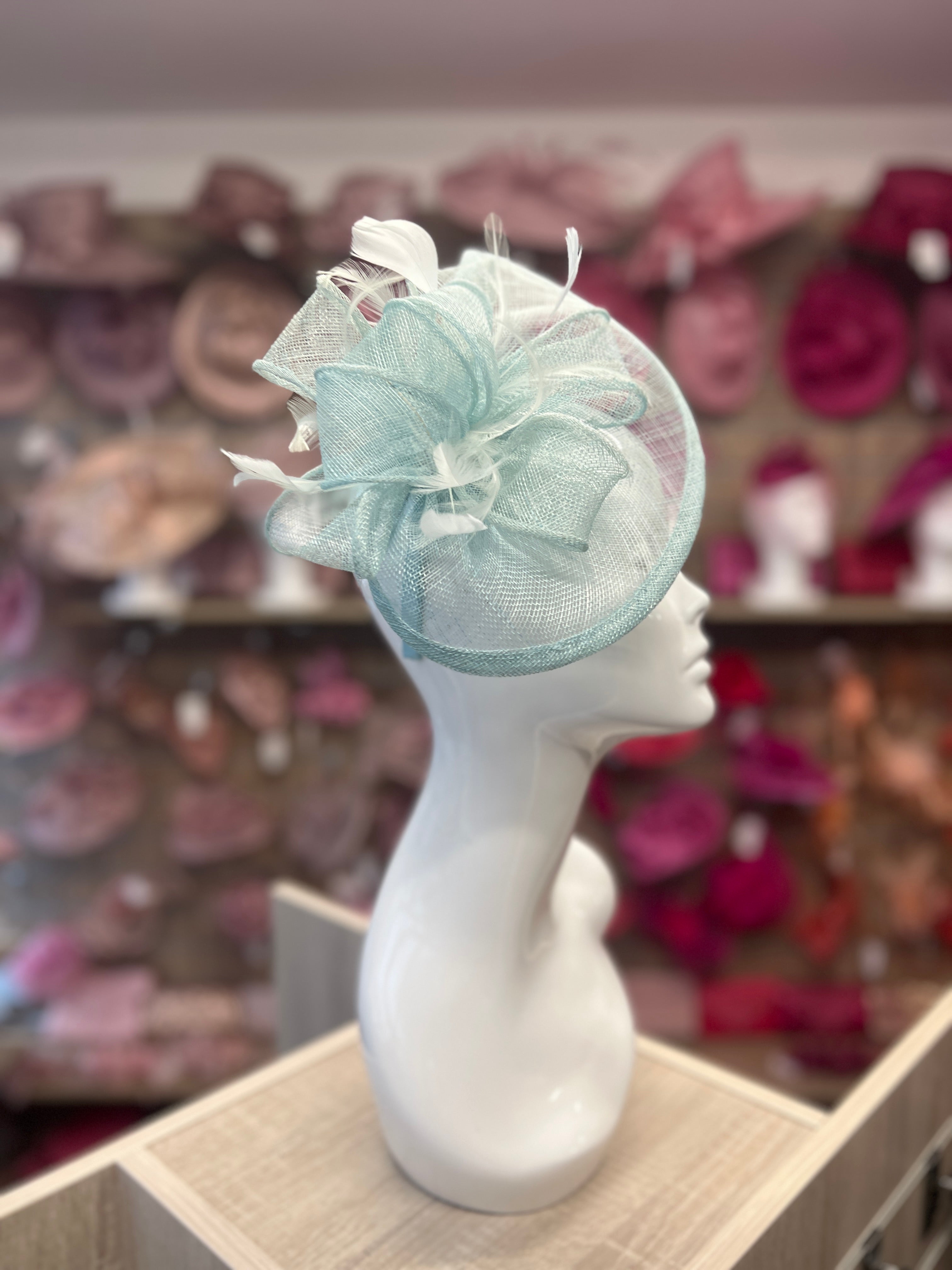 Pale Blue Fascinator With Ruched Sinamay Loops