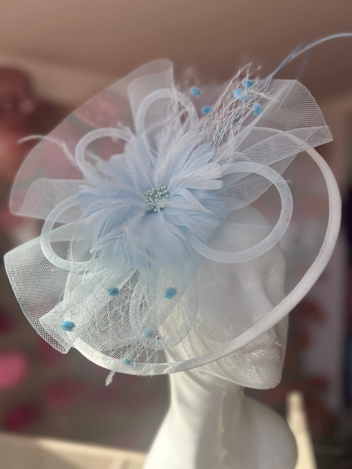 Pale Blue Large Fascinator With Feather Flower &amp; Netting-Fascinators Direct