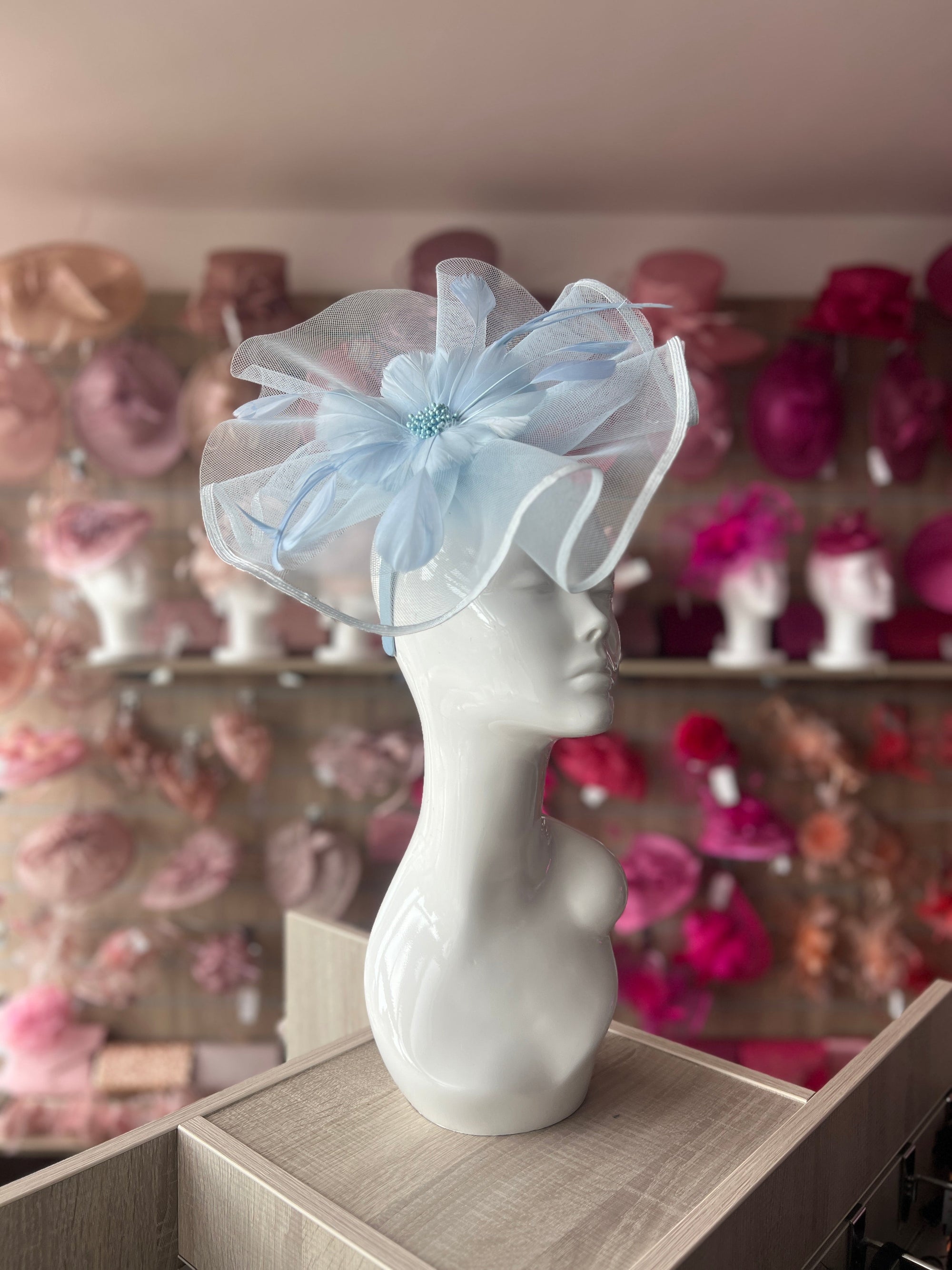 Pale Blue Large Fascinator with Ruched Crinoline & Flower-Fascinators Direct