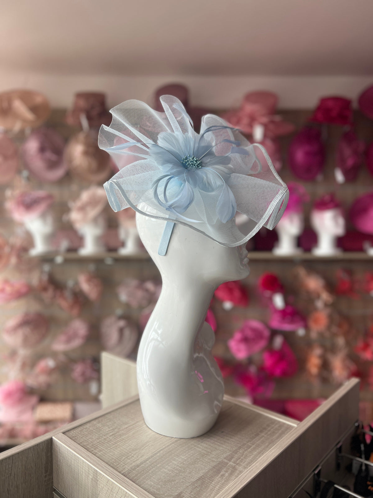 Pale Blue Large Fascinator with Ruched Crinoline &amp; Flower-Fascinators Direct