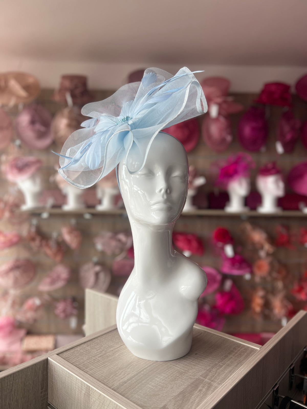 Pale Blue Large Fascinator with Ruched Crinoline &amp; Flower-Fascinators Direct