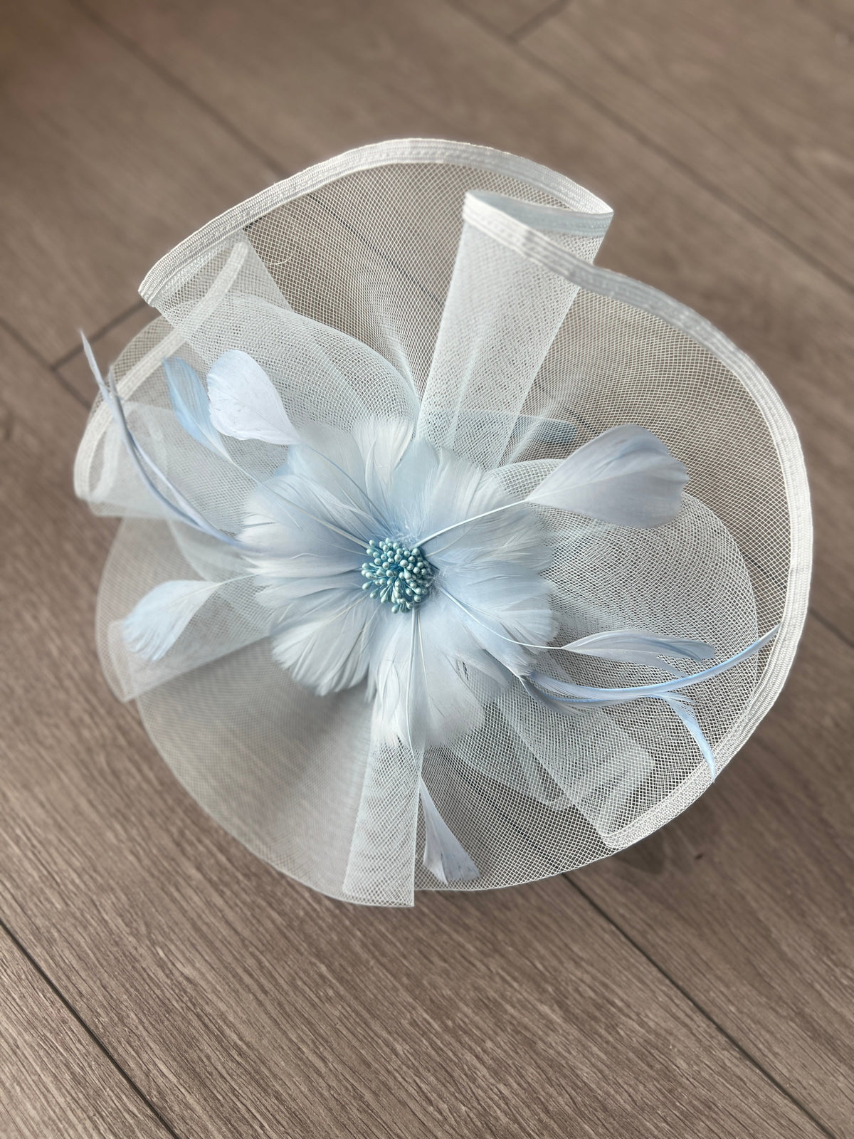 Pale Blue Large Fascinator with Ruched Crinoline &amp; Flower-Fascinators Direct