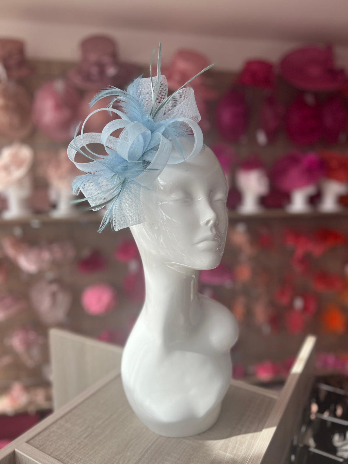 Pale Blue Loop Bow Fascinator With Feathers-Fascinators Direct