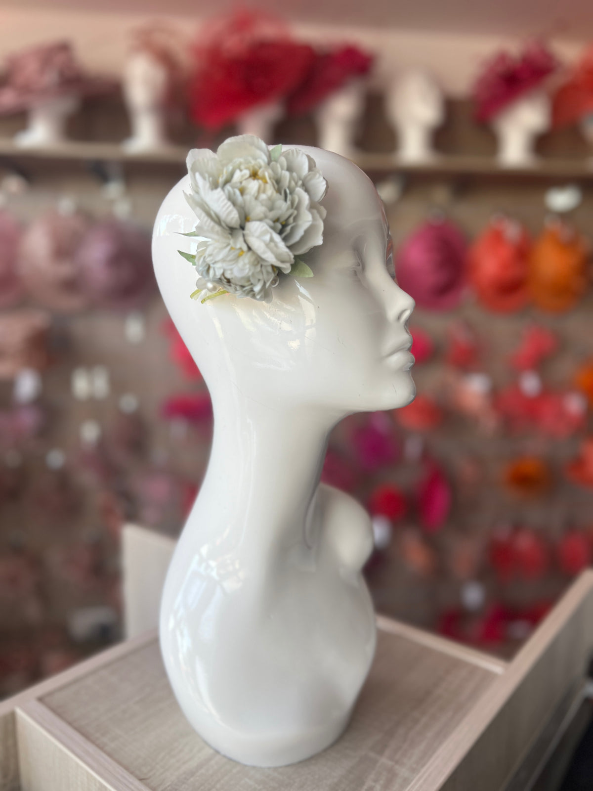 Pale Blue Peony Flower Hair Clip with Pearls &amp; Leafs-Fascinators Direct