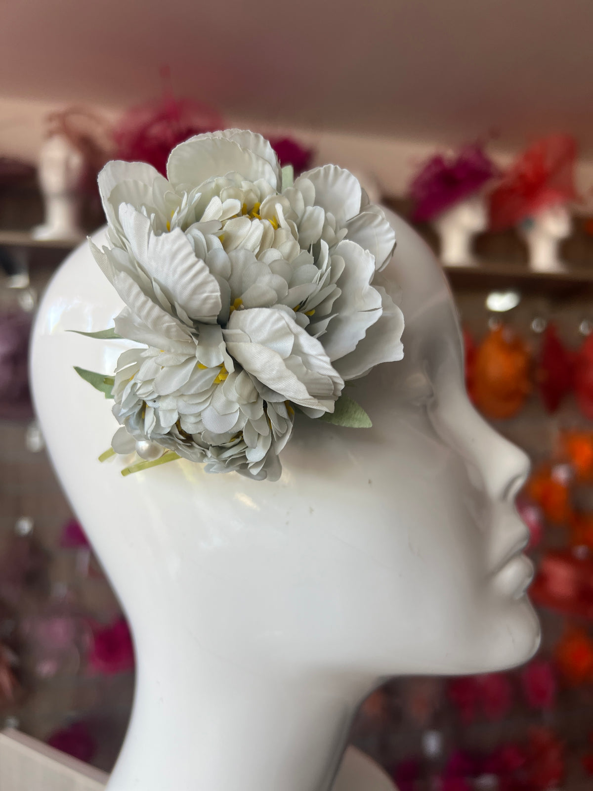 Pale Blue Peony Flower Hair Clip with Pearls &amp; Leafs-Fascinators Direct