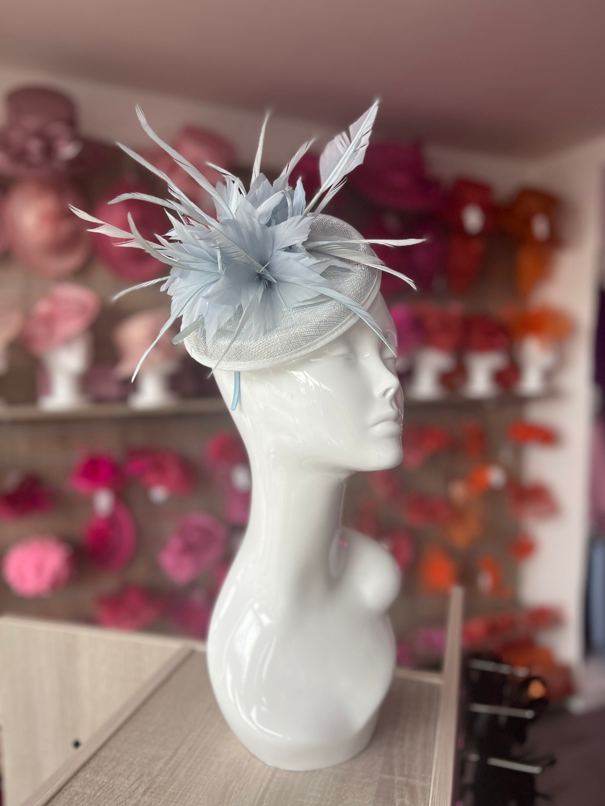 Pale Blue Pillbox Fascinator With Feather Flowers & Feather Quill-Fascinators Direct