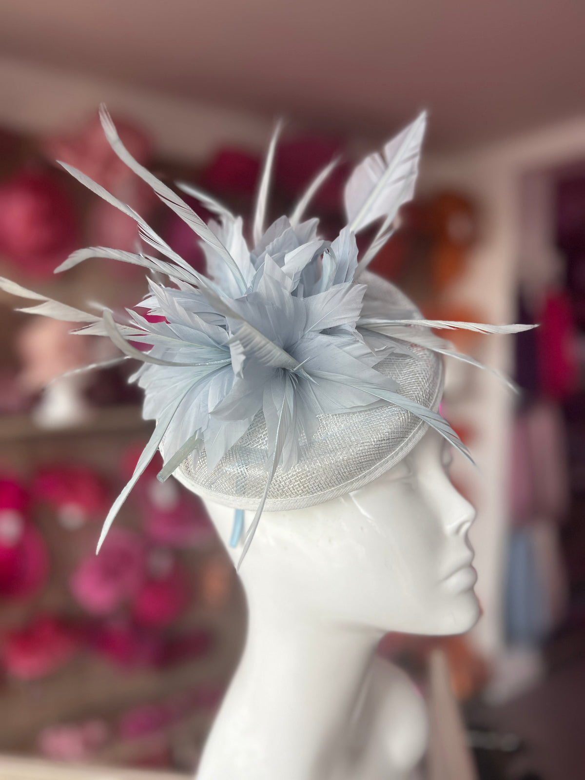 Pale Blue Pillbox Fascinator With Feather Flowers &amp; Feather Quill-Fascinators Direct
