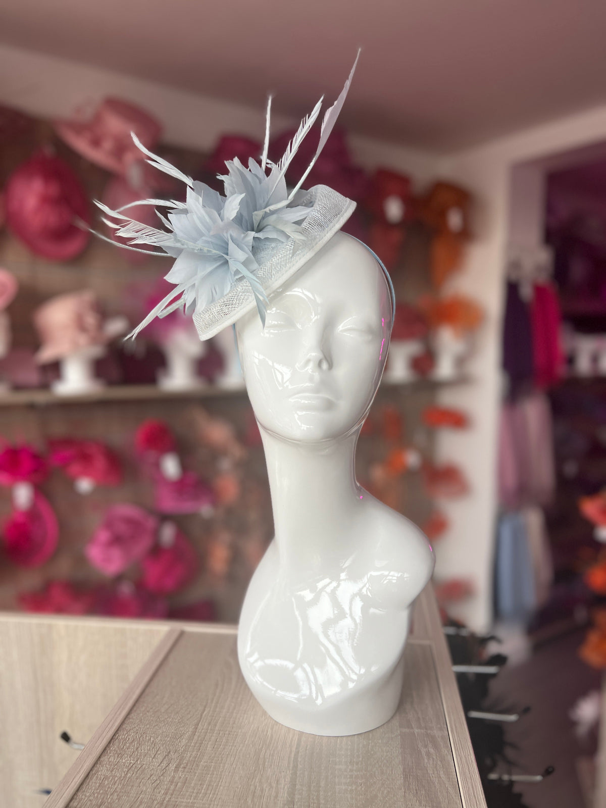 Pale Blue Pillbox Fascinator With Feather Flowers &amp; Feather Quill-Fascinators Direct