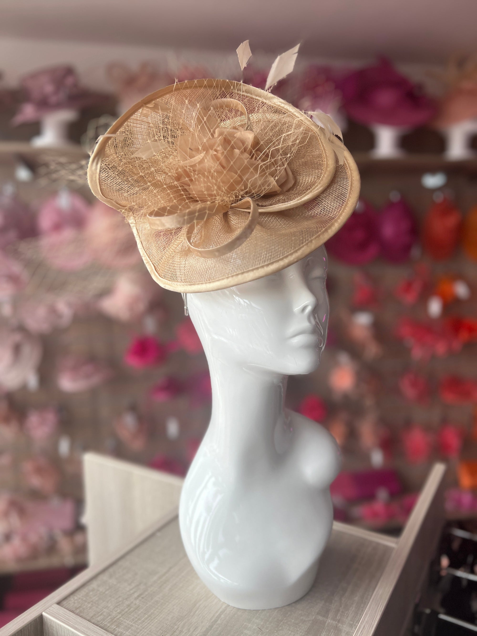 Pale Gold Disc Fascinator with Fabric Rose & Netting-Fascinators Direct