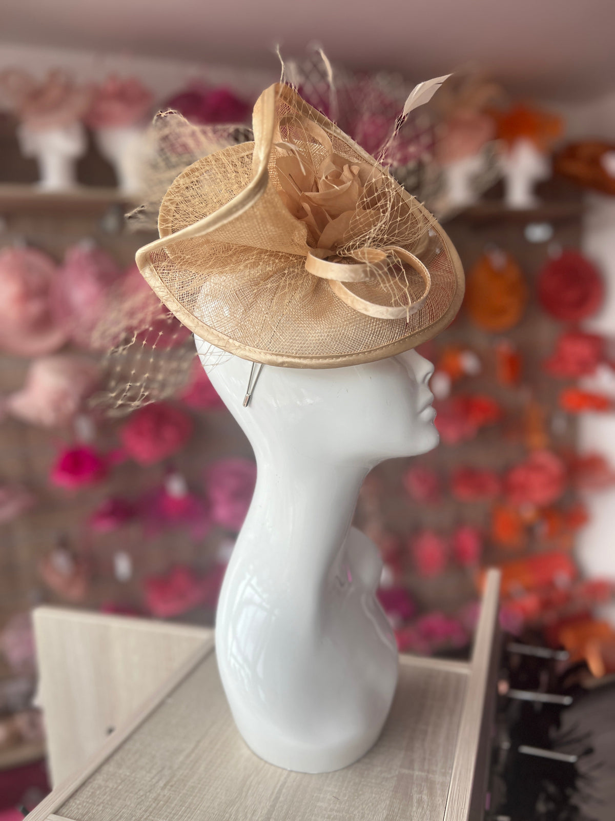 Pale Gold Disc Fascinator with Fabric Rose &amp; Netting-Fascinators Direct