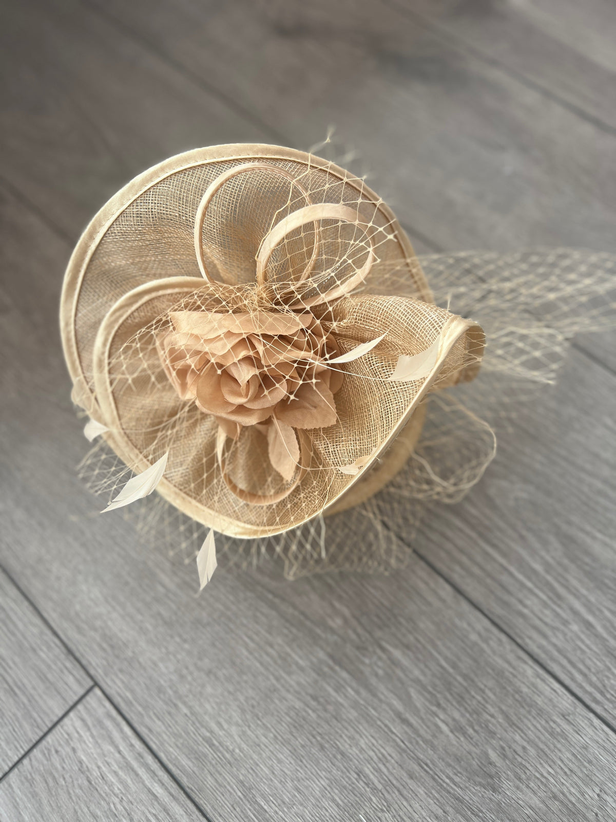 Pale Gold Disc Fascinator with Fabric Rose &amp; Netting-Fascinators Direct