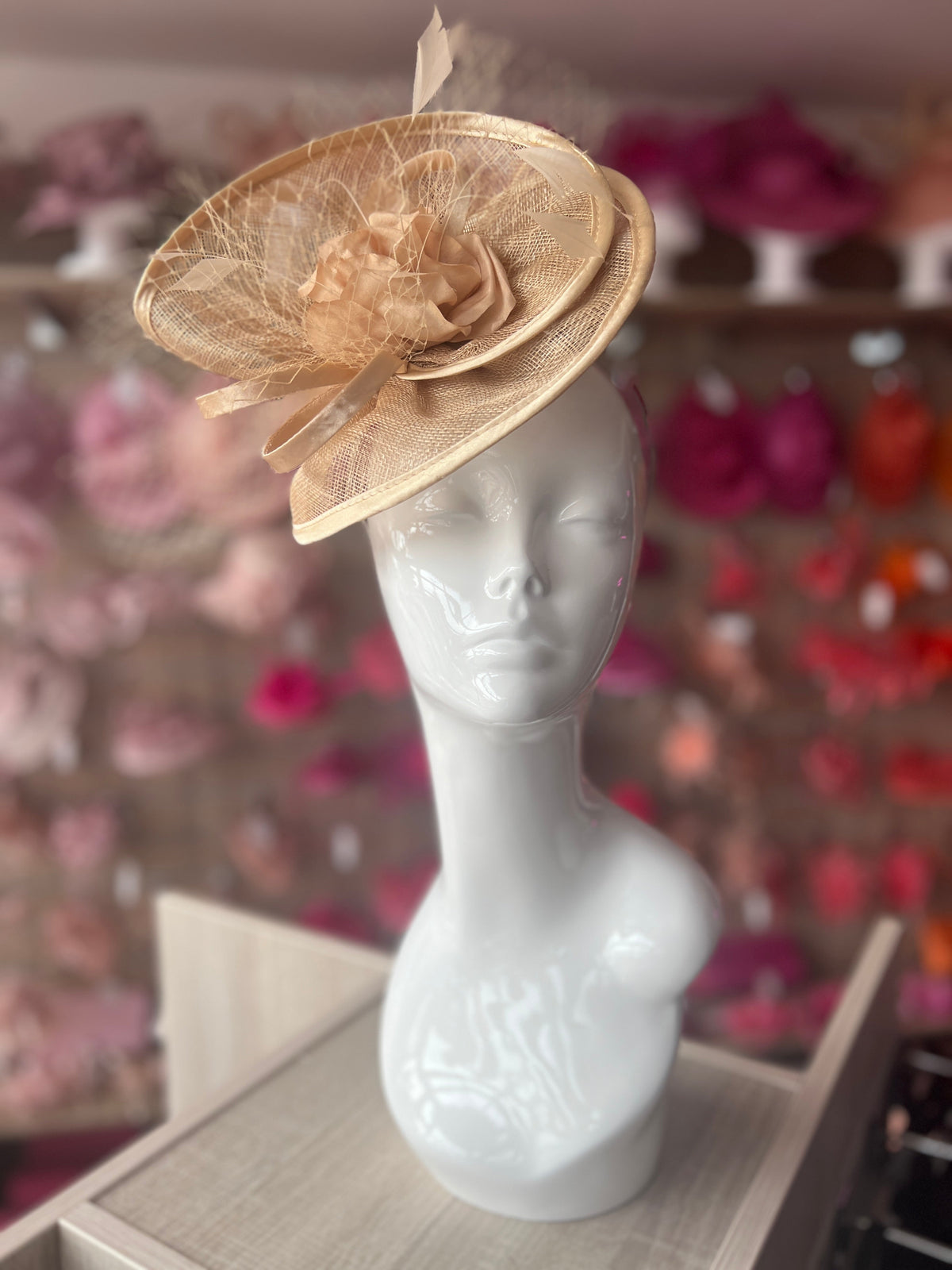 Pale Gold Disc Fascinator with Fabric Rose &amp; Netting-Fascinators Direct