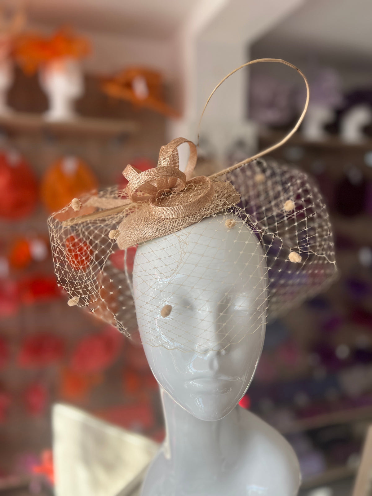 Pale Gold Pillbox Hat with Veil &amp; Curled Quill-Fascinators Direct