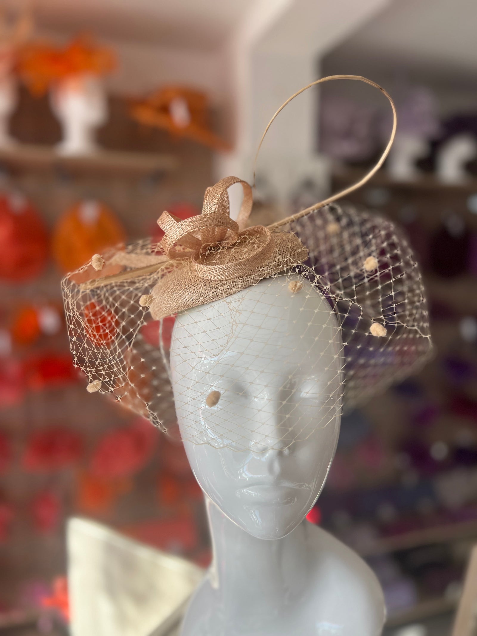 Pale Gold Pillbox Hat with Veil & Curled Quill-Fascinators Direct