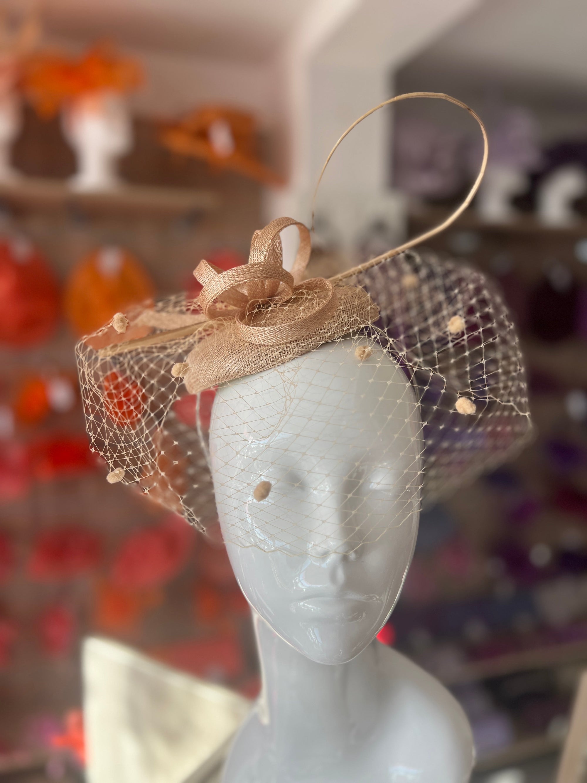 Pale Gold Pillbox Hat with Veil & Curled Quill-Fascinators Direct