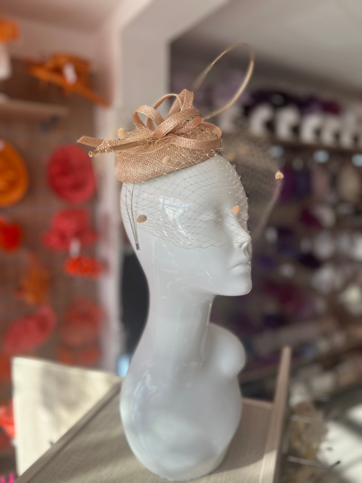 Pale Gold Pillbox Hat with Veil &amp; Curled Quill-Fascinators Direct
