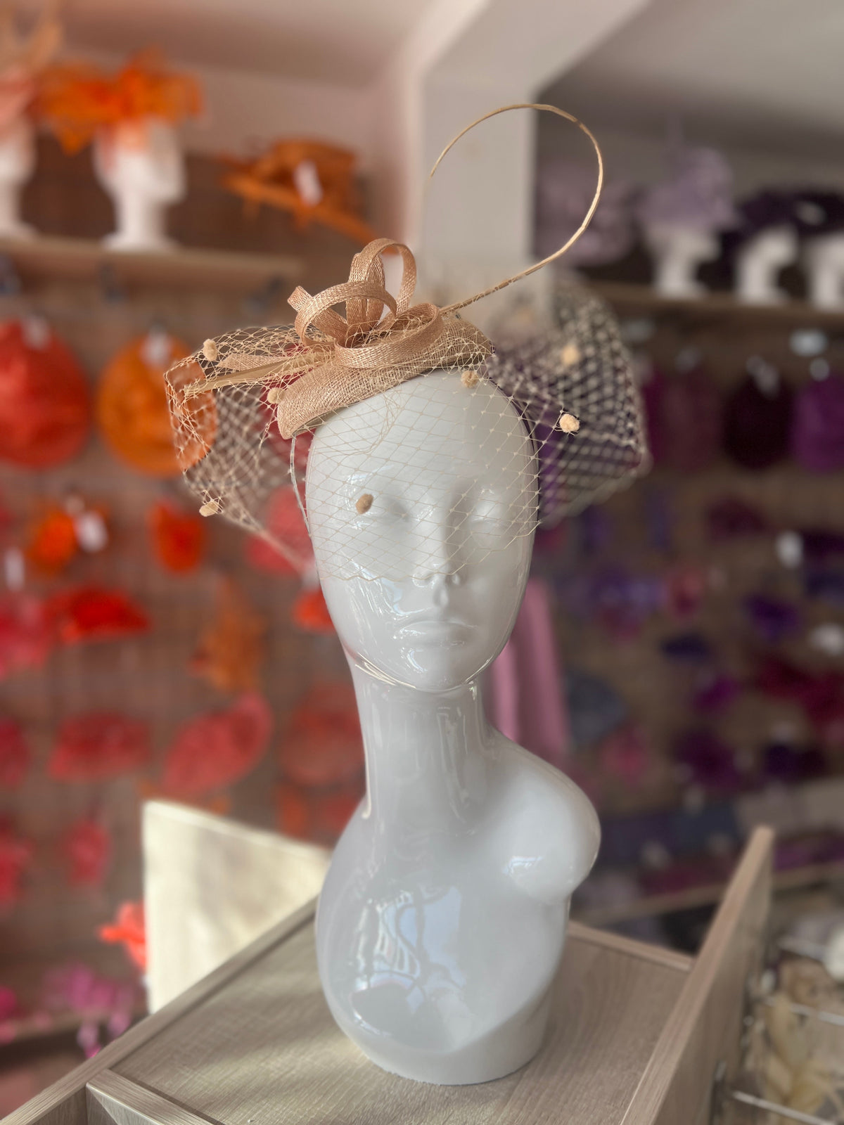 Pale Gold Pillbox Hat with Veil &amp; Curled Quill-Fascinators Direct