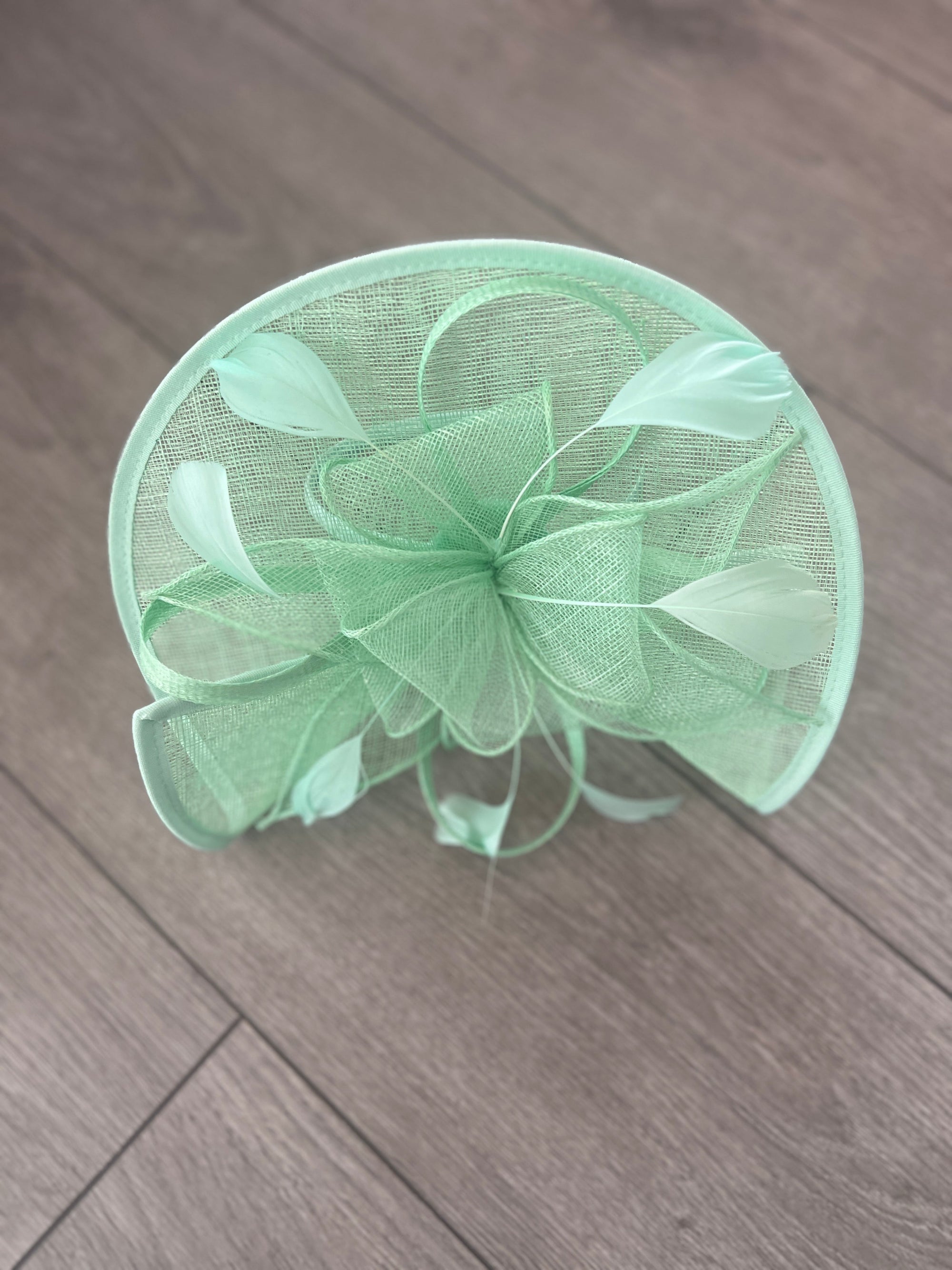 Pale Green Asymmetric Disc Fascinator With Feathers-Fascinators Direct