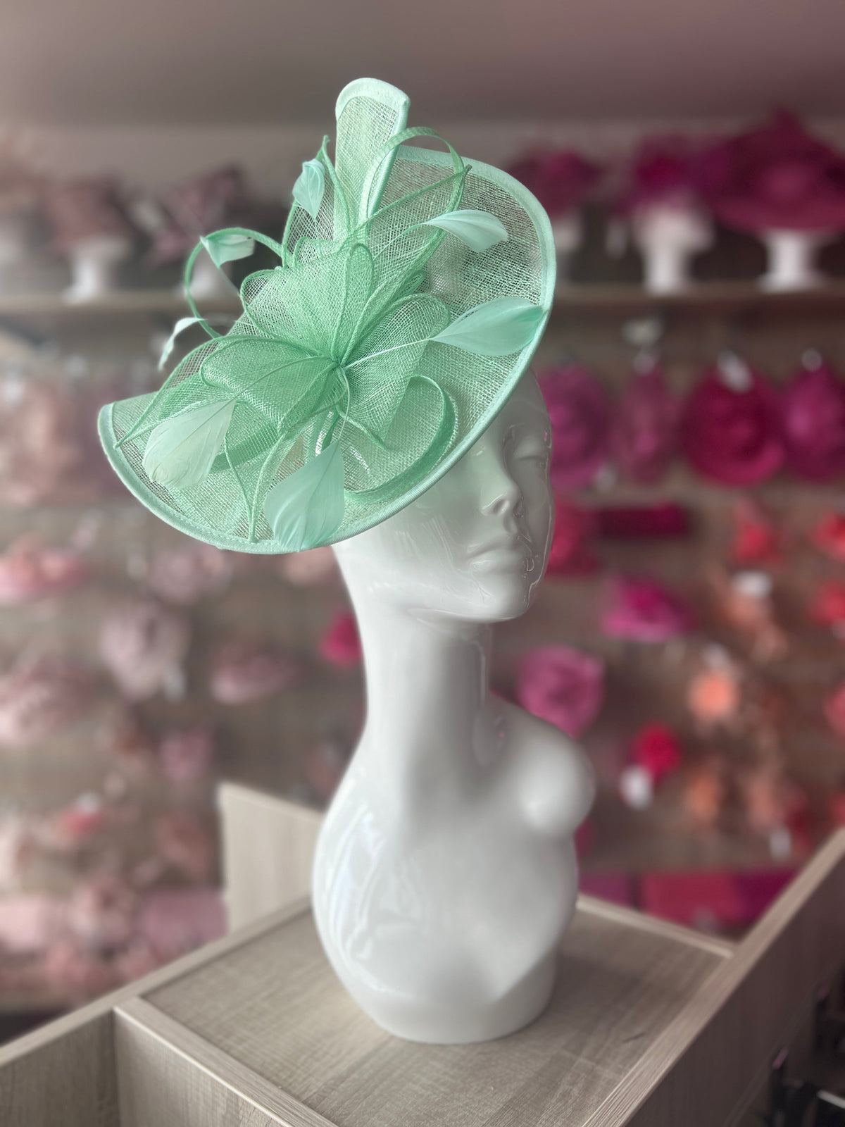 Pale Green Asymmetric Disc Fascinator With Feathers-Fascinators Direct