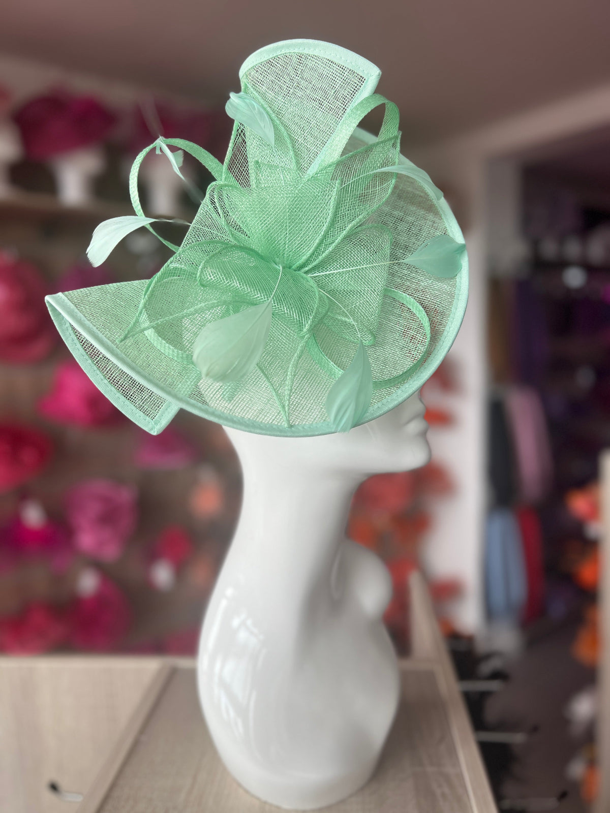 Pale Green Asymmetric Disc Fascinator With Feathers-Fascinators Direct