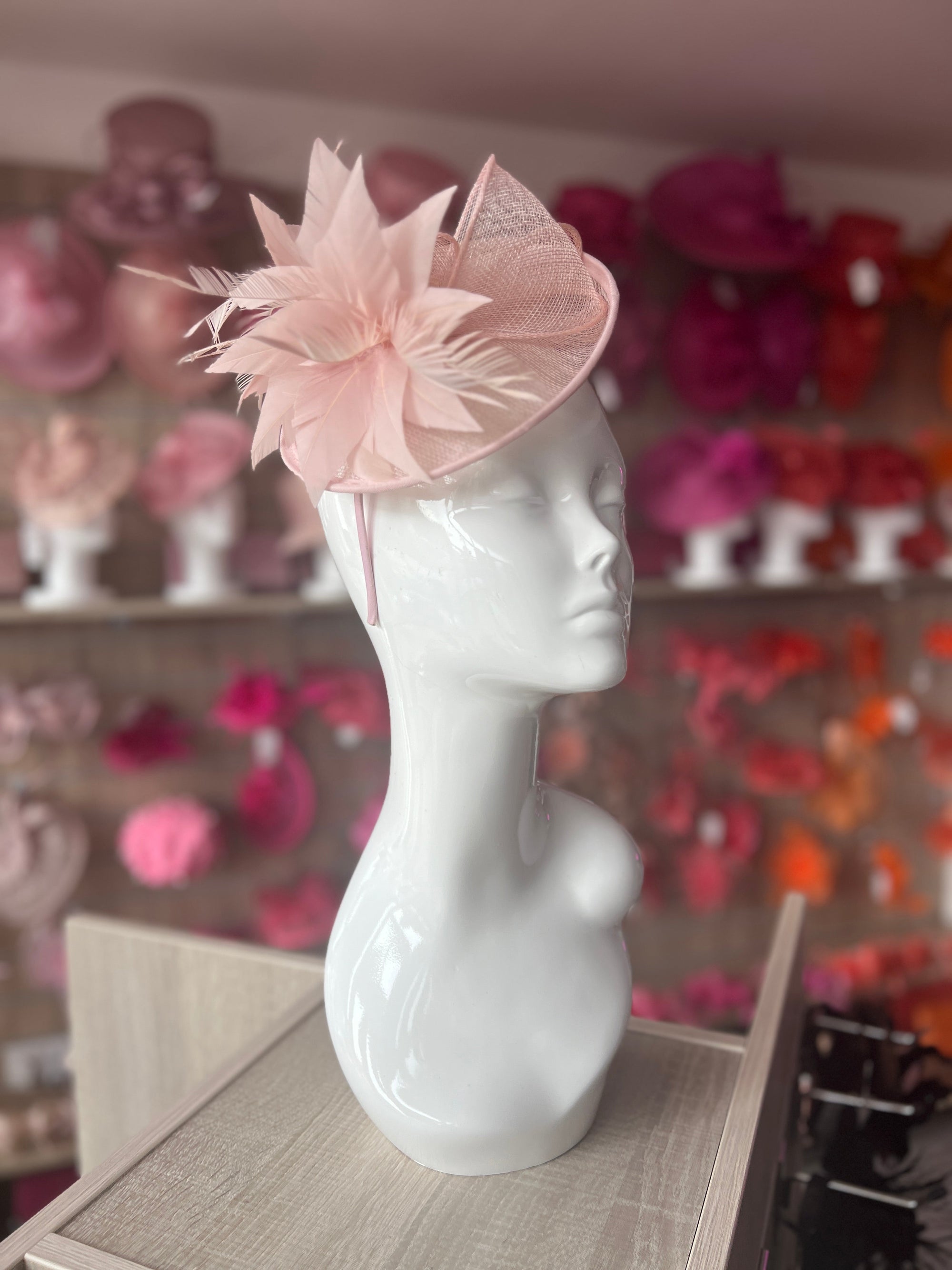 Pale Pink Disc Fascinator With Sinamay Bow & Feather Flowers-Fascinators Direct