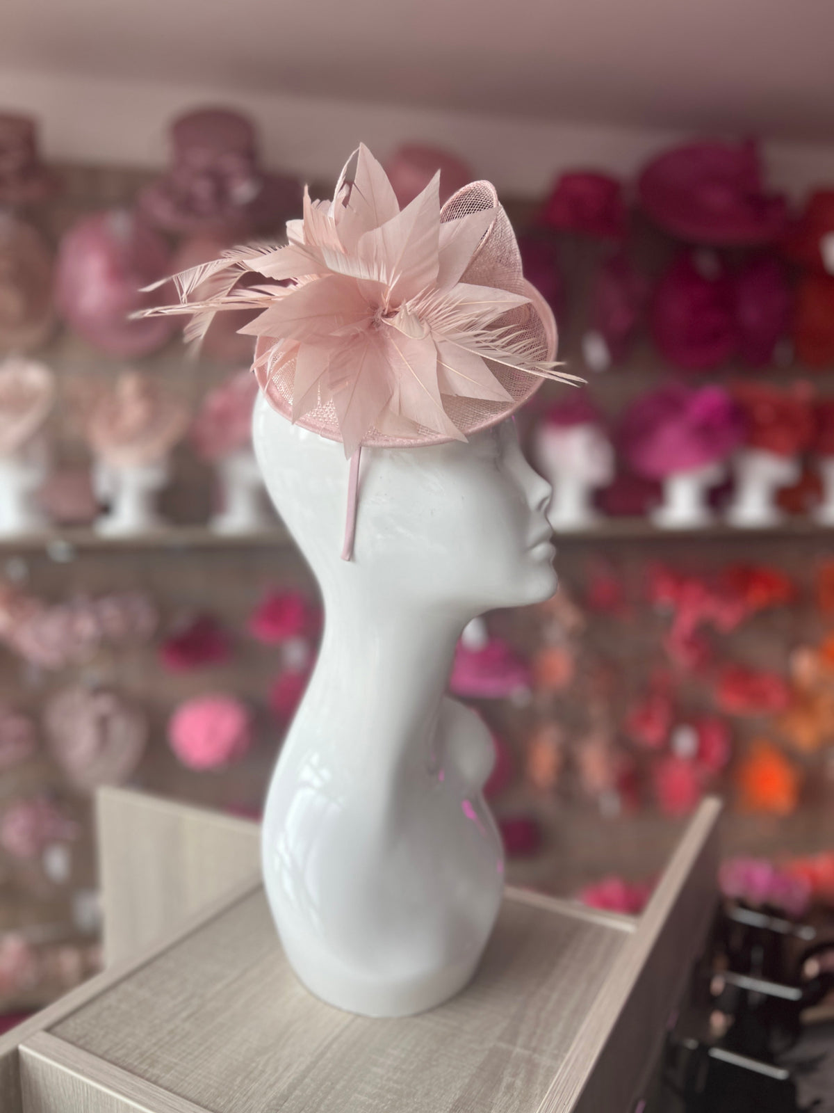 Pale Pink Disc Fascinator With Sinamay Bow &amp; Feather Flowers-Fascinators Direct