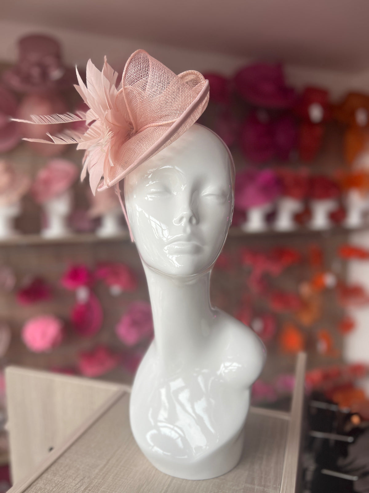 Pale Pink Disc Fascinator With Sinamay Bow &amp; Feather Flowers-Fascinators Direct