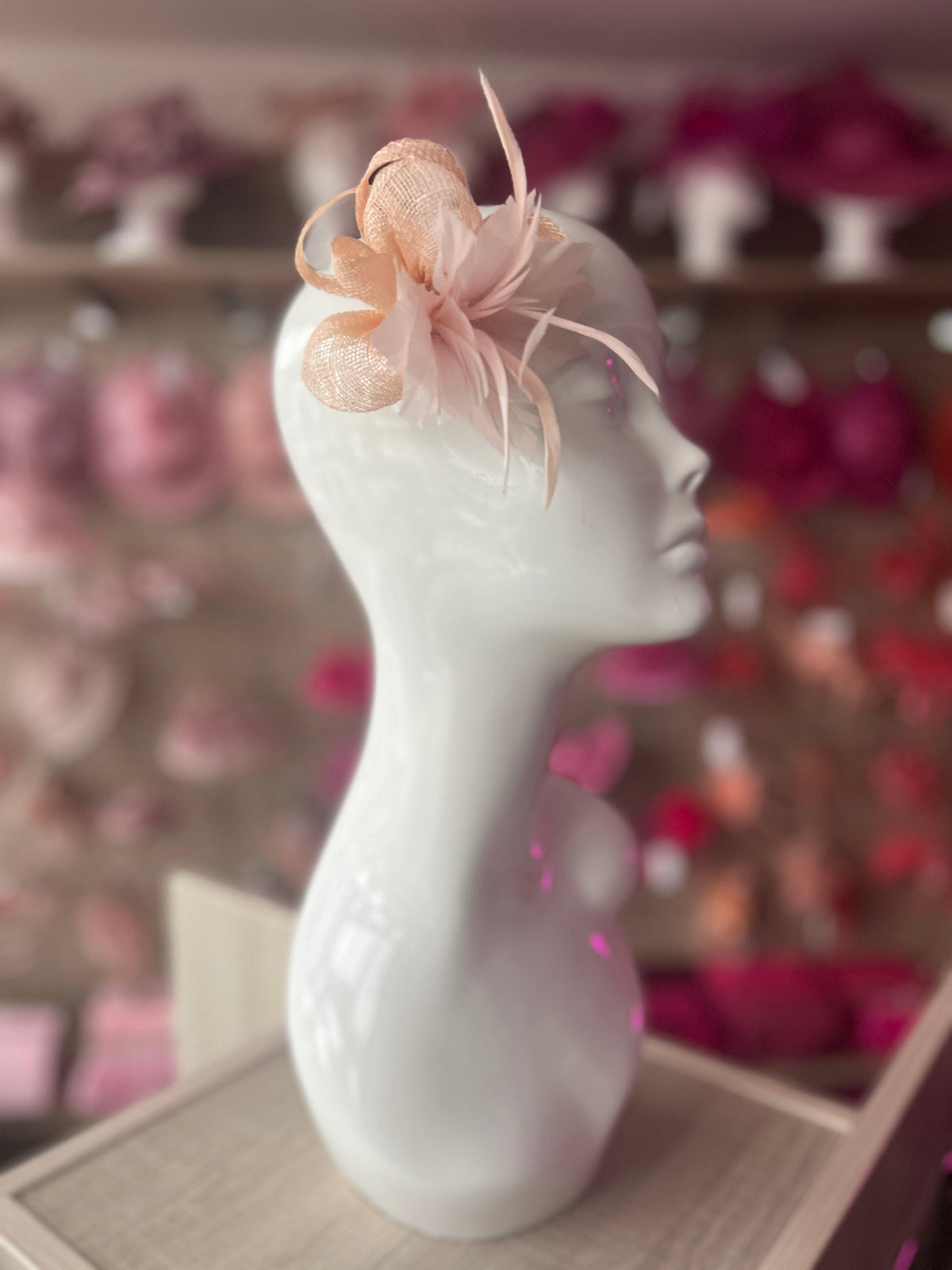 Pale Pink Fascinator Clip with Feathers &amp; Sinamay Petals-Fascinators Direct