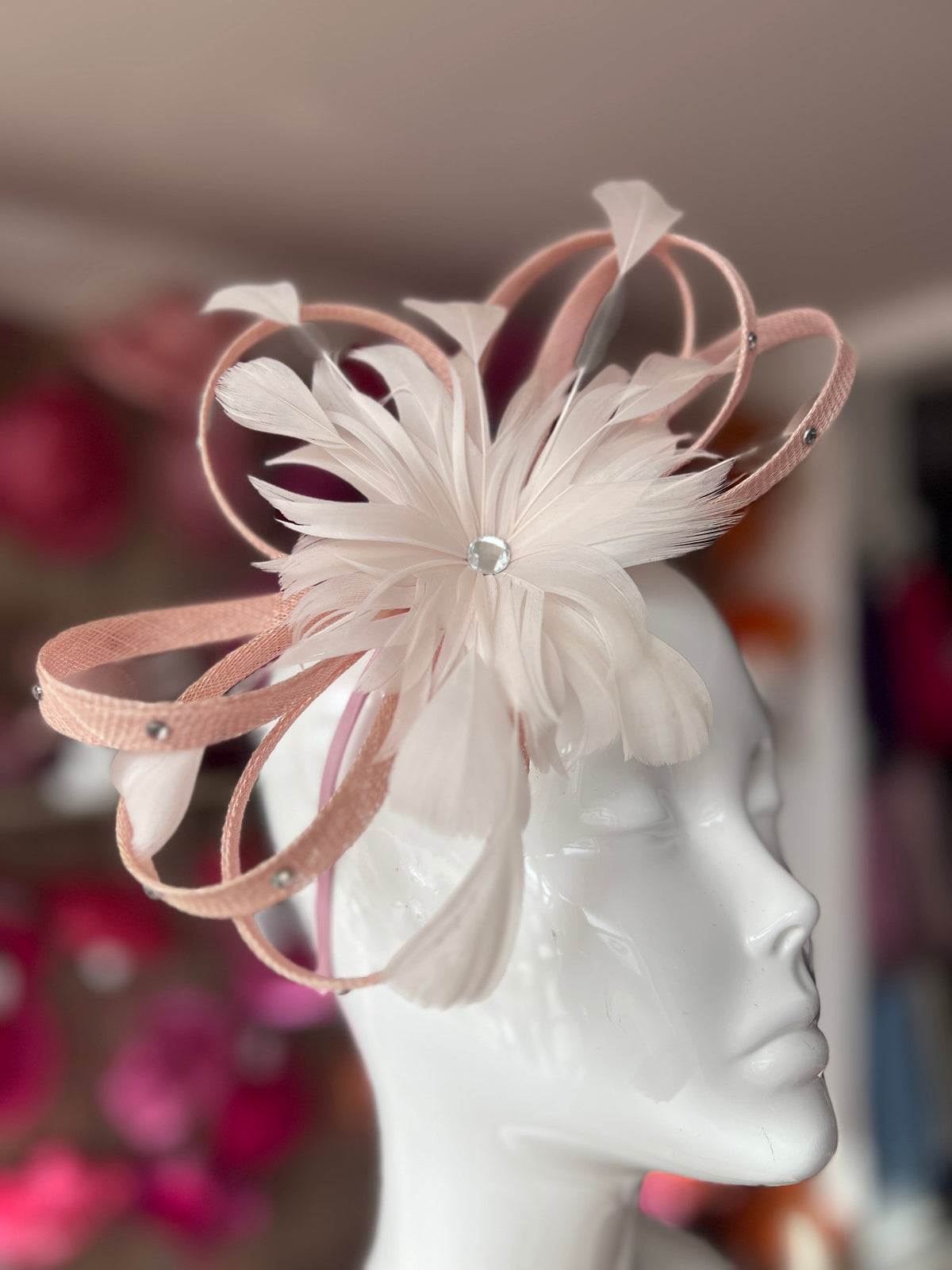 Pale Pink Fascinator With Diamanté Loops &amp; Flower-Fascinators Direct
