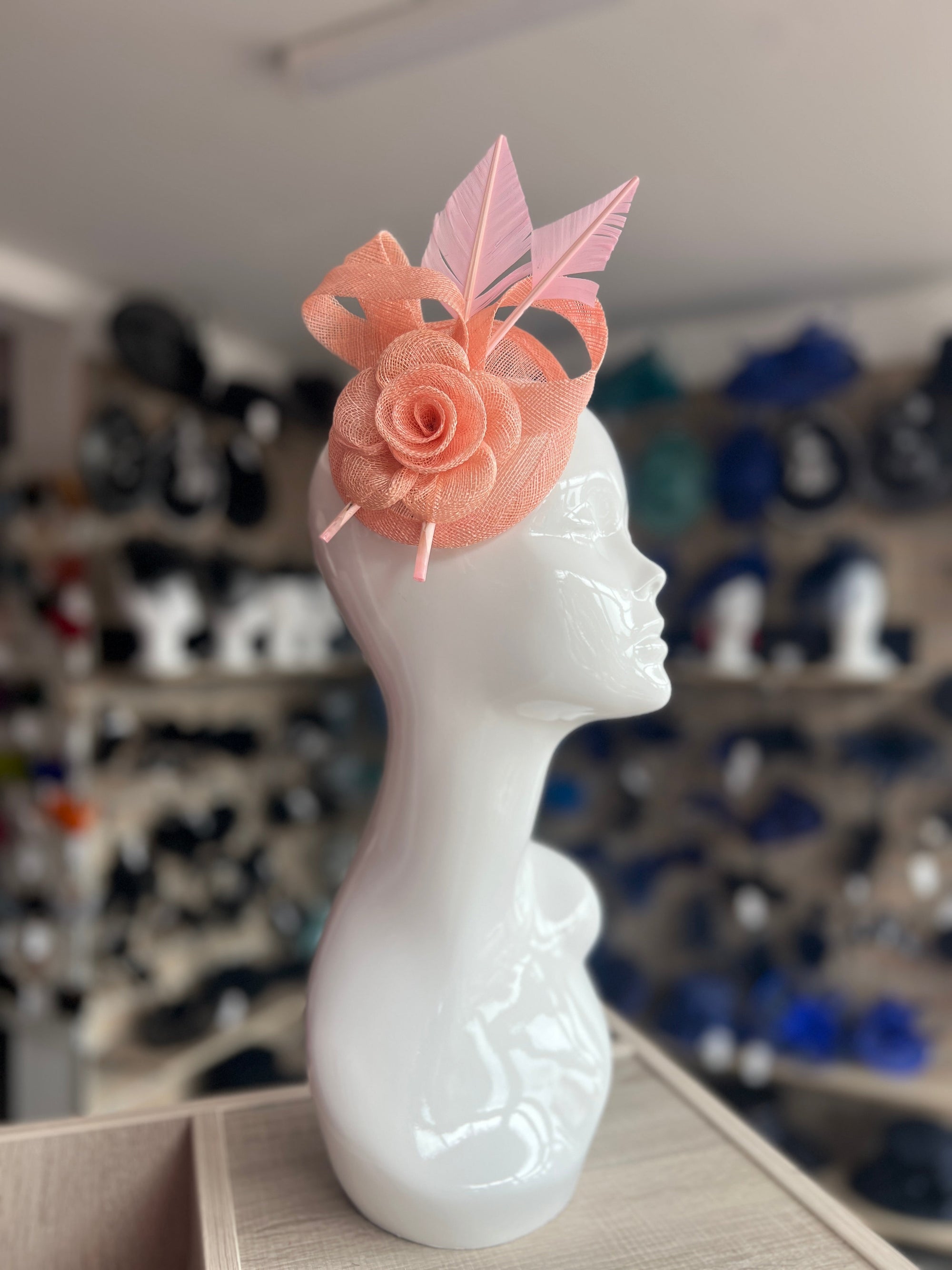 Pale Pink Hair Fascinator with Sinamay Flower & Feather Quill-Fascinators Direct