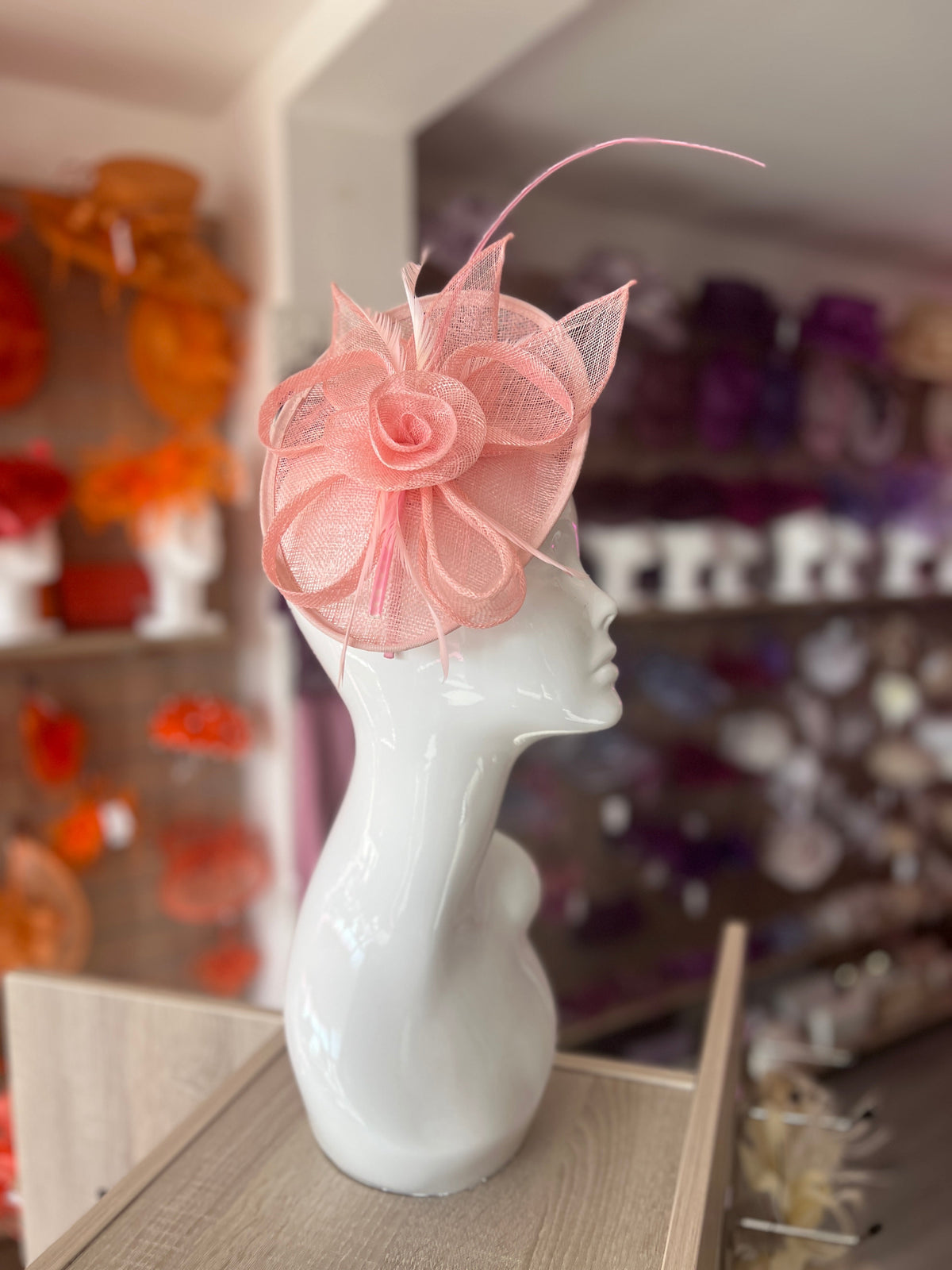 Pale Pink Saucer Fascinator With Flower &amp; Quill-Fascinators Direct