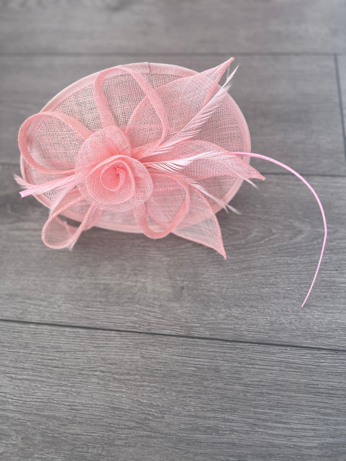 Pale Pink Saucer Fascinator With Flower &amp; Quill-Fascinators Direct