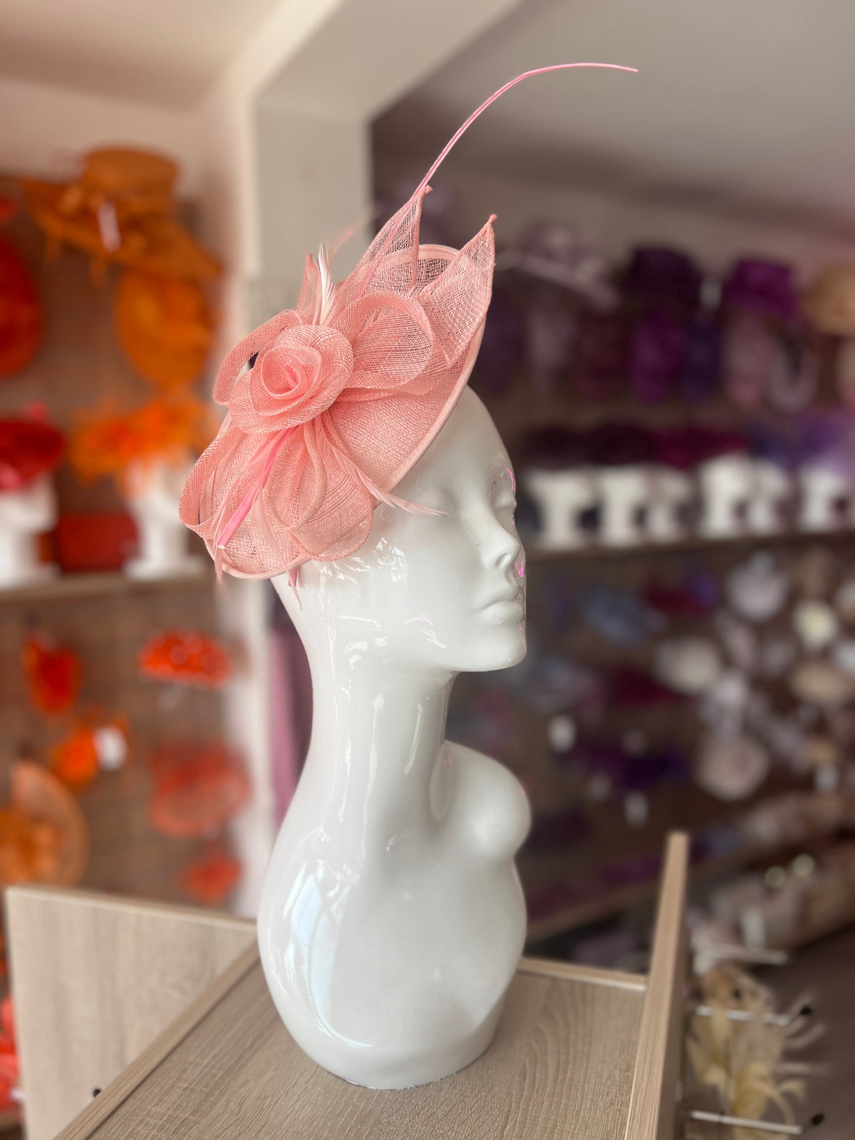 Pale Pink Saucer Fascinator With Flower &amp; Quill-Fascinators Direct