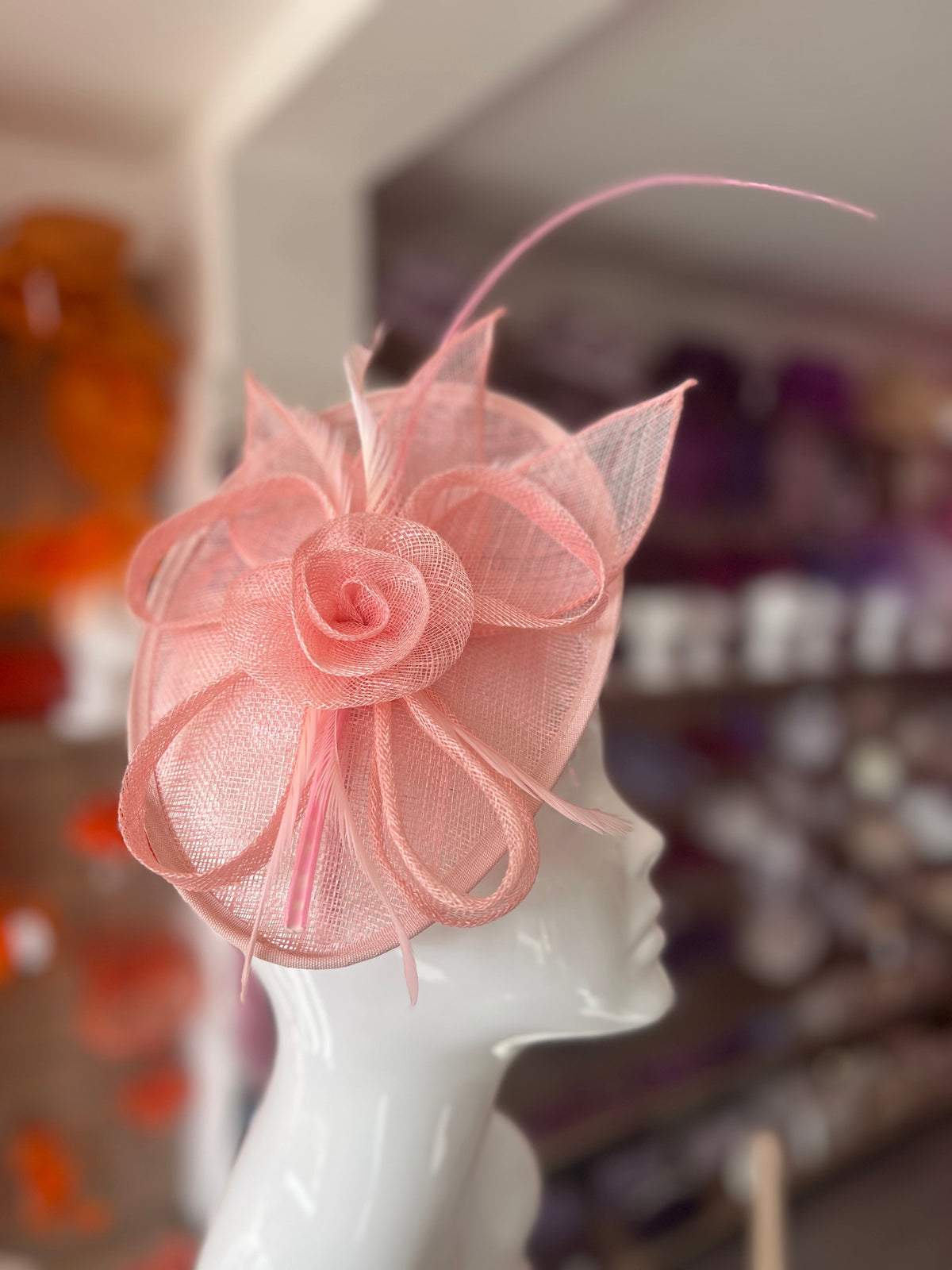 Pale Pink Saucer Fascinator With Flower &amp; Quill-Fascinators Direct