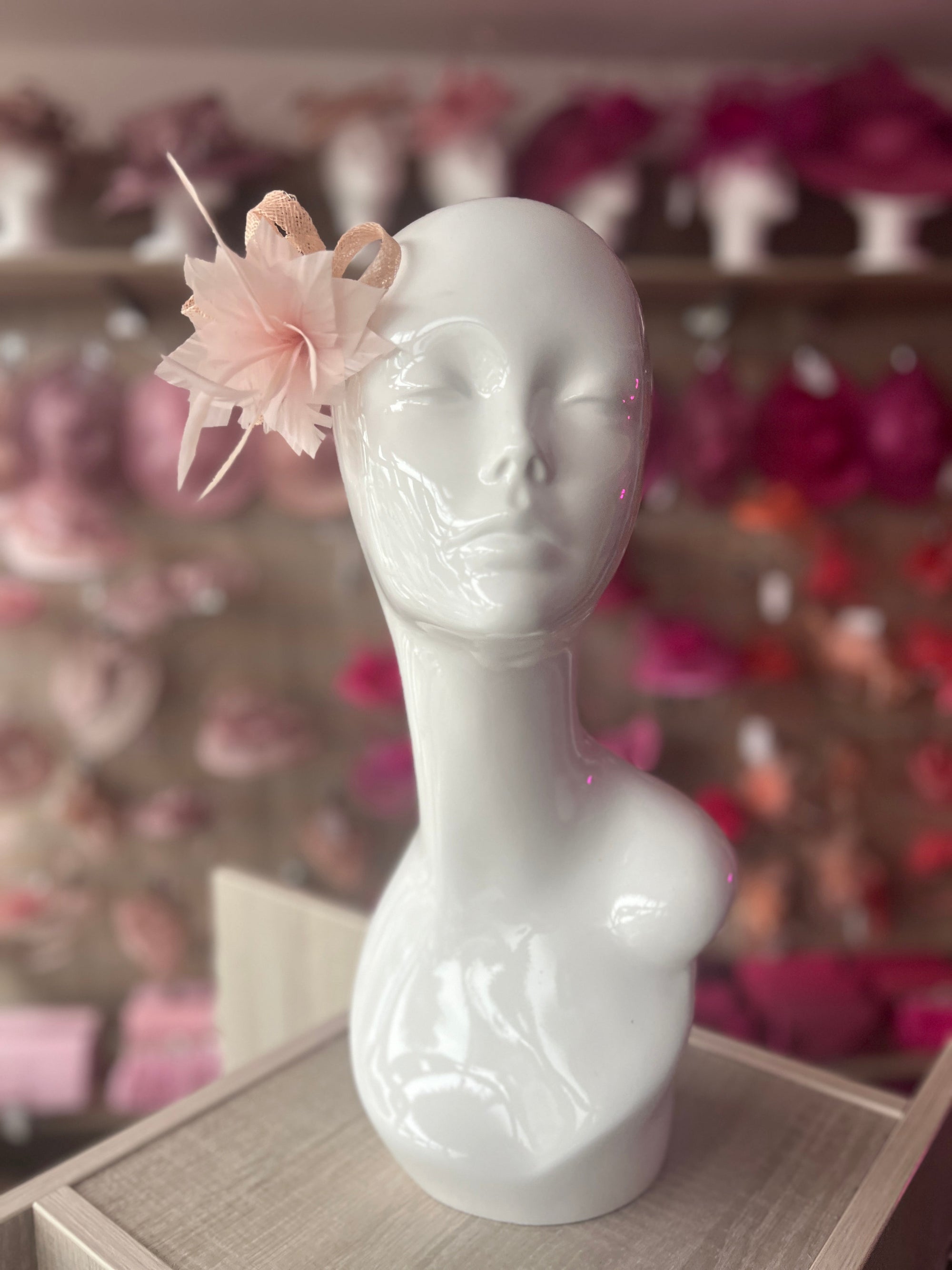 Pale Pink Small Hair Clip Sinamay Fascinator with Feather Flower-Fascinators Direct