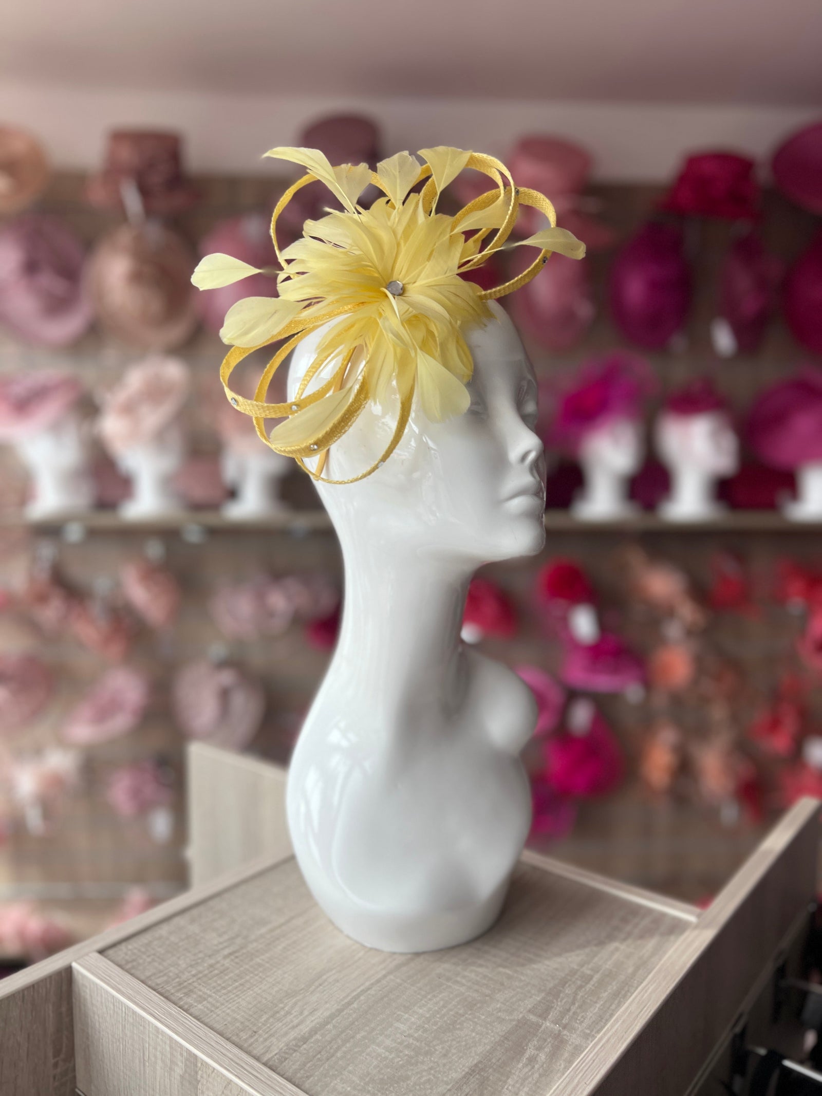 Pale Yellow Fascinator With Diamanté Loops & Flower-Fascinators Direct