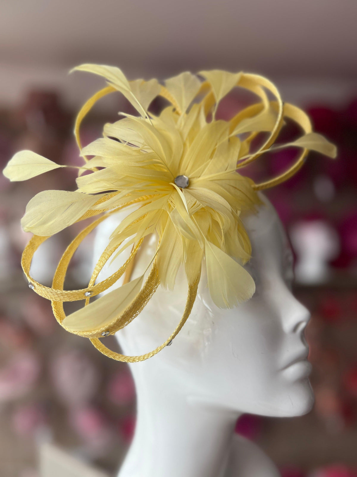 Pale Yellow Fascinator With Diamanté Loops &amp; Flower-Fascinators Direct