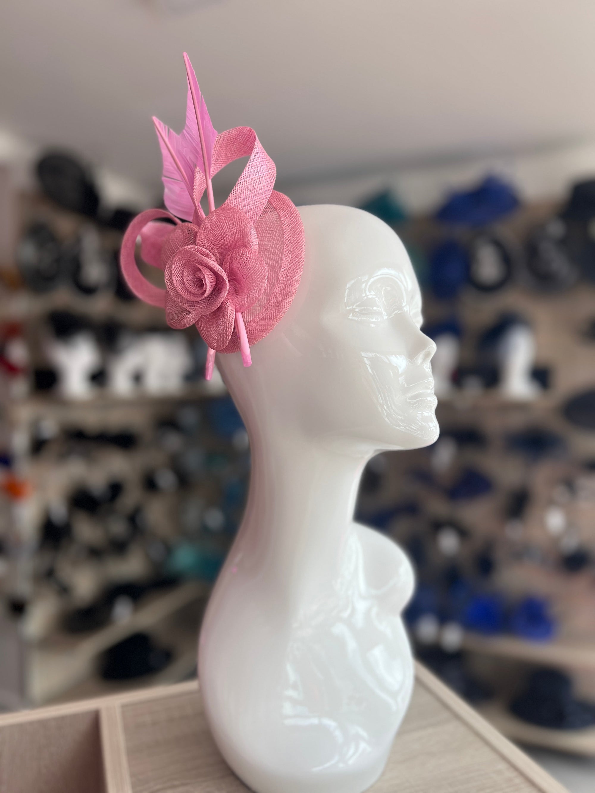 Pastel Pink Hair Fascinator with Sinamay Flower & Feather Quill-Fascinators Direct