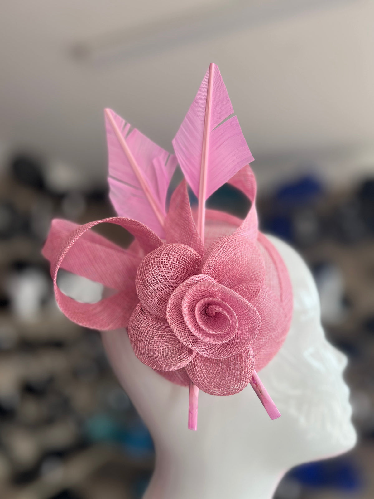 Pastel Pink Hair Fascinator with Sinamay Flower &amp; Feather Quill-Fascinators Direct