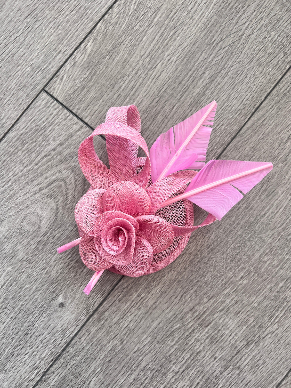 Pastel Pink Hair Fascinator with Sinamay Flower &amp; Feather Quill-Fascinators Direct