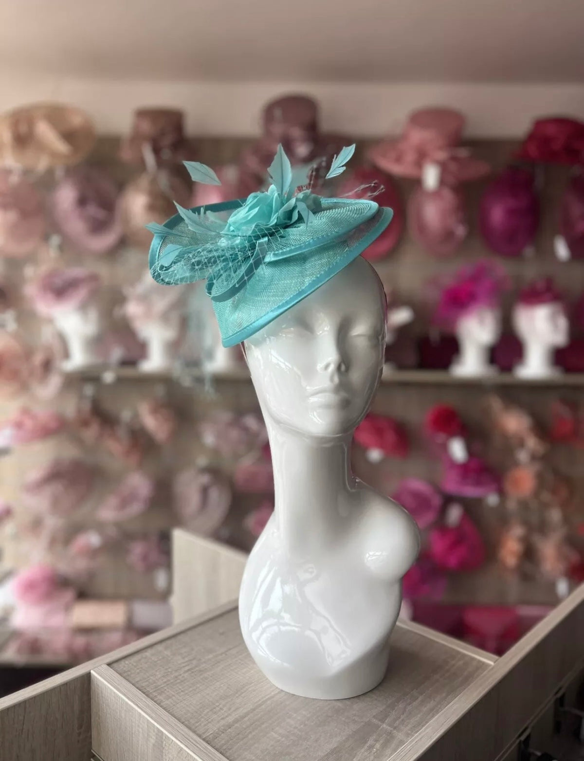 Peacock Disc Fascinator with Fabric Rose &amp; Netting-Fascinators Direct