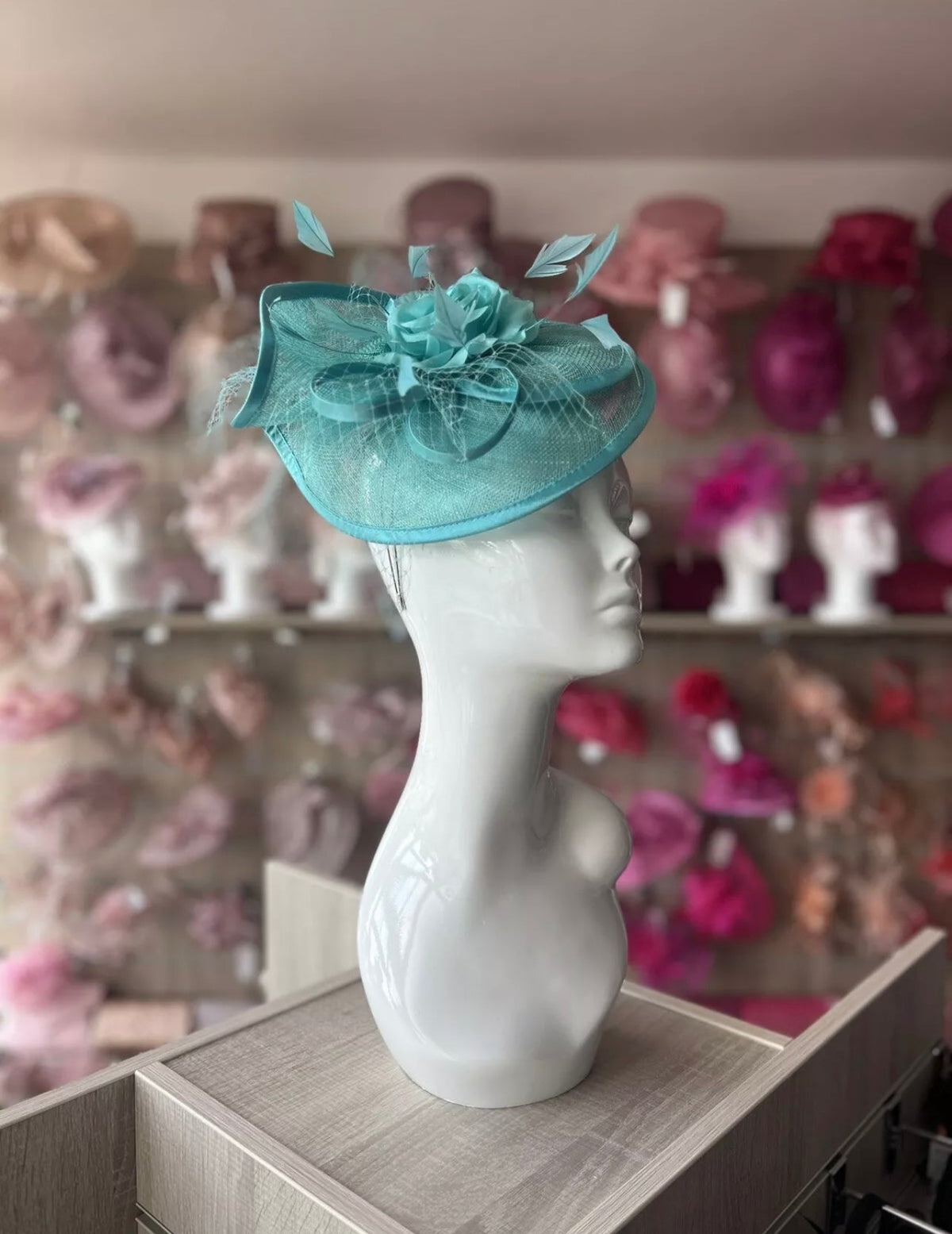 Peacock Disc Fascinator with Fabric Rose &amp; Netting-Fascinators Direct