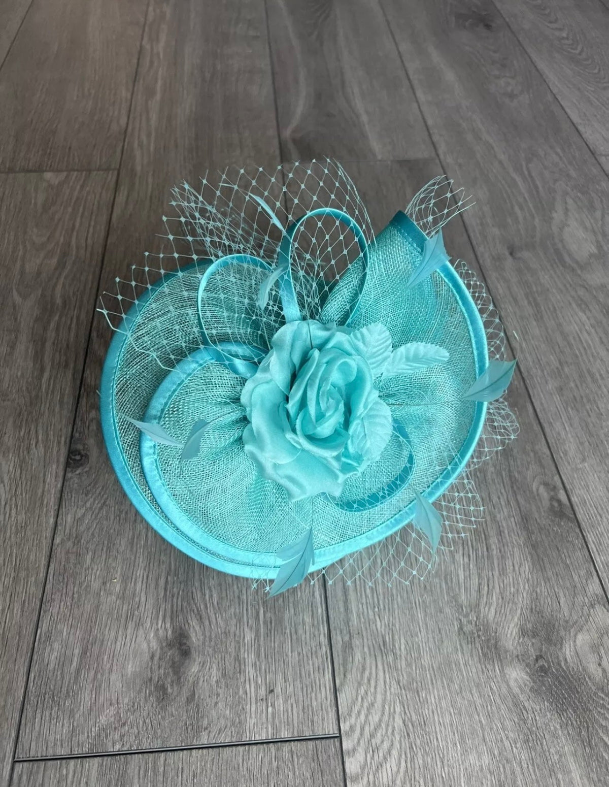 Peacock Disc Fascinator with Fabric Rose &amp; Netting-Fascinators Direct