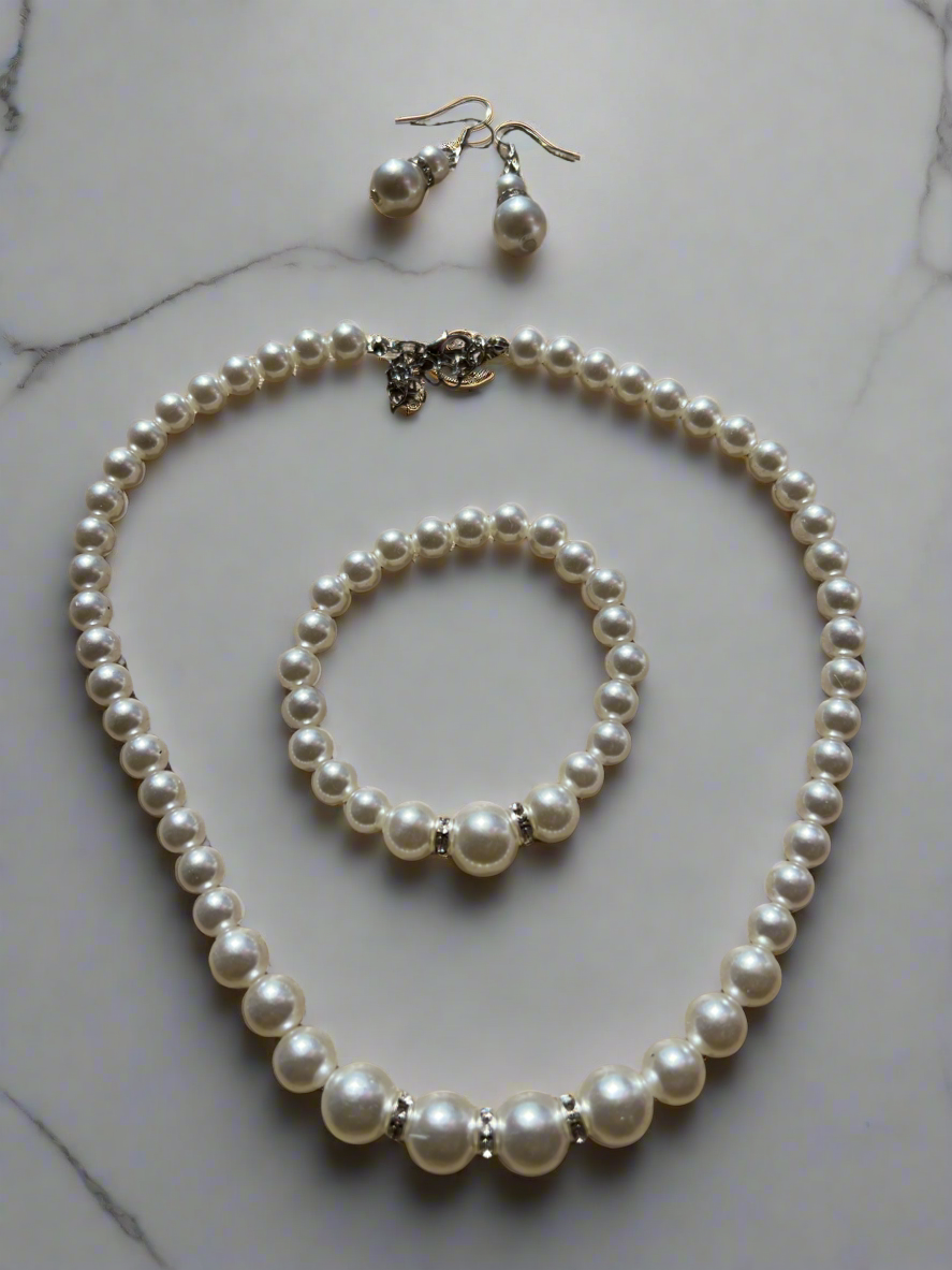 Pearl Earrings,Bracelet,Necklace Set White-Fascinators Direct