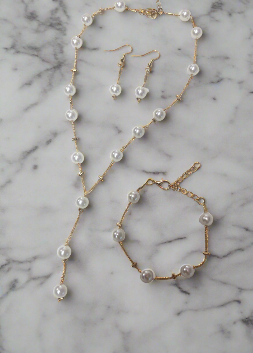Pearl Necklace,Earrings,Bracelet set - Gold-Fascinators Direct