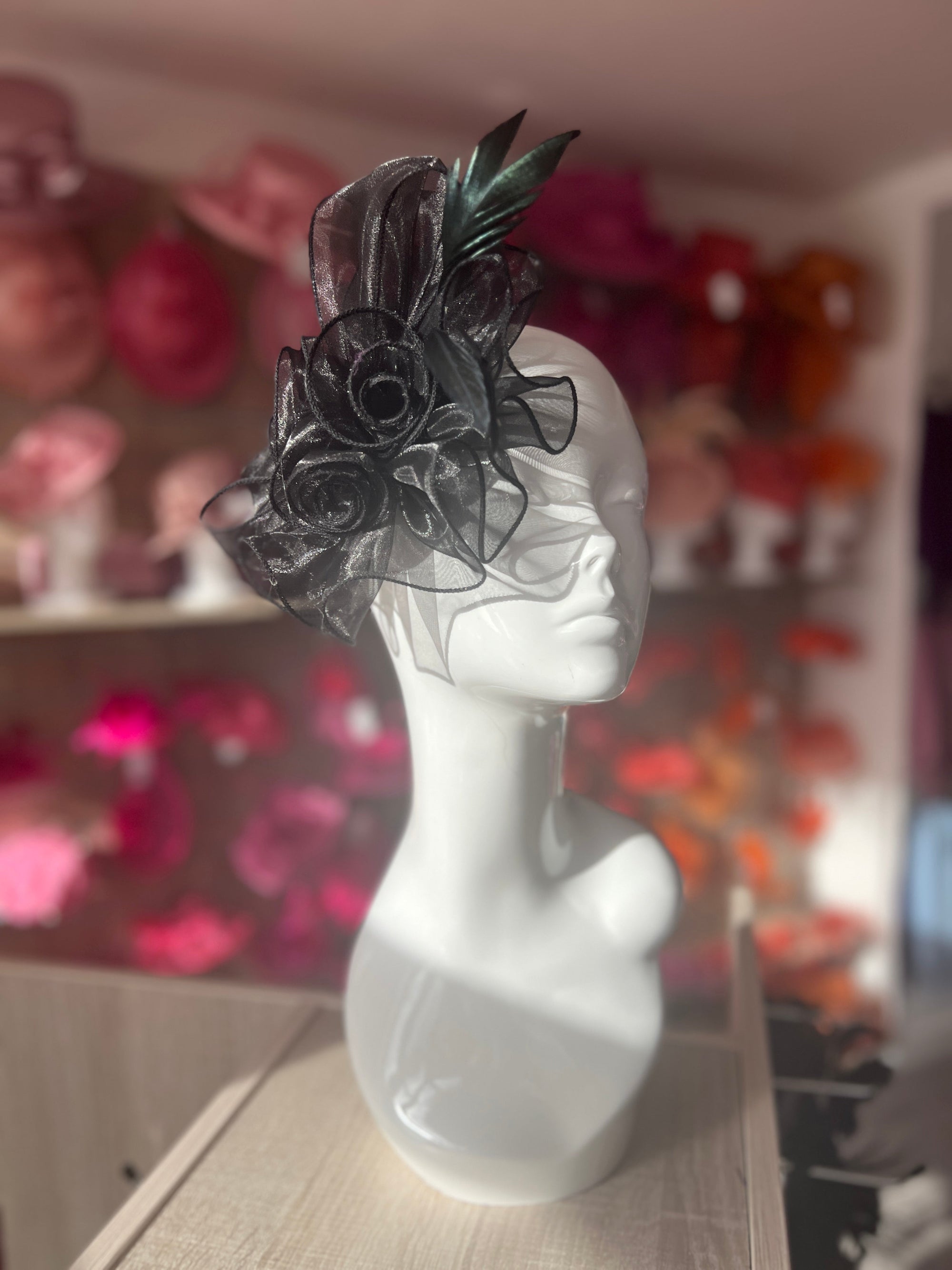 Pearlescent Black Chiffon Flower Fascinator With Feathers-Fascinators Direct