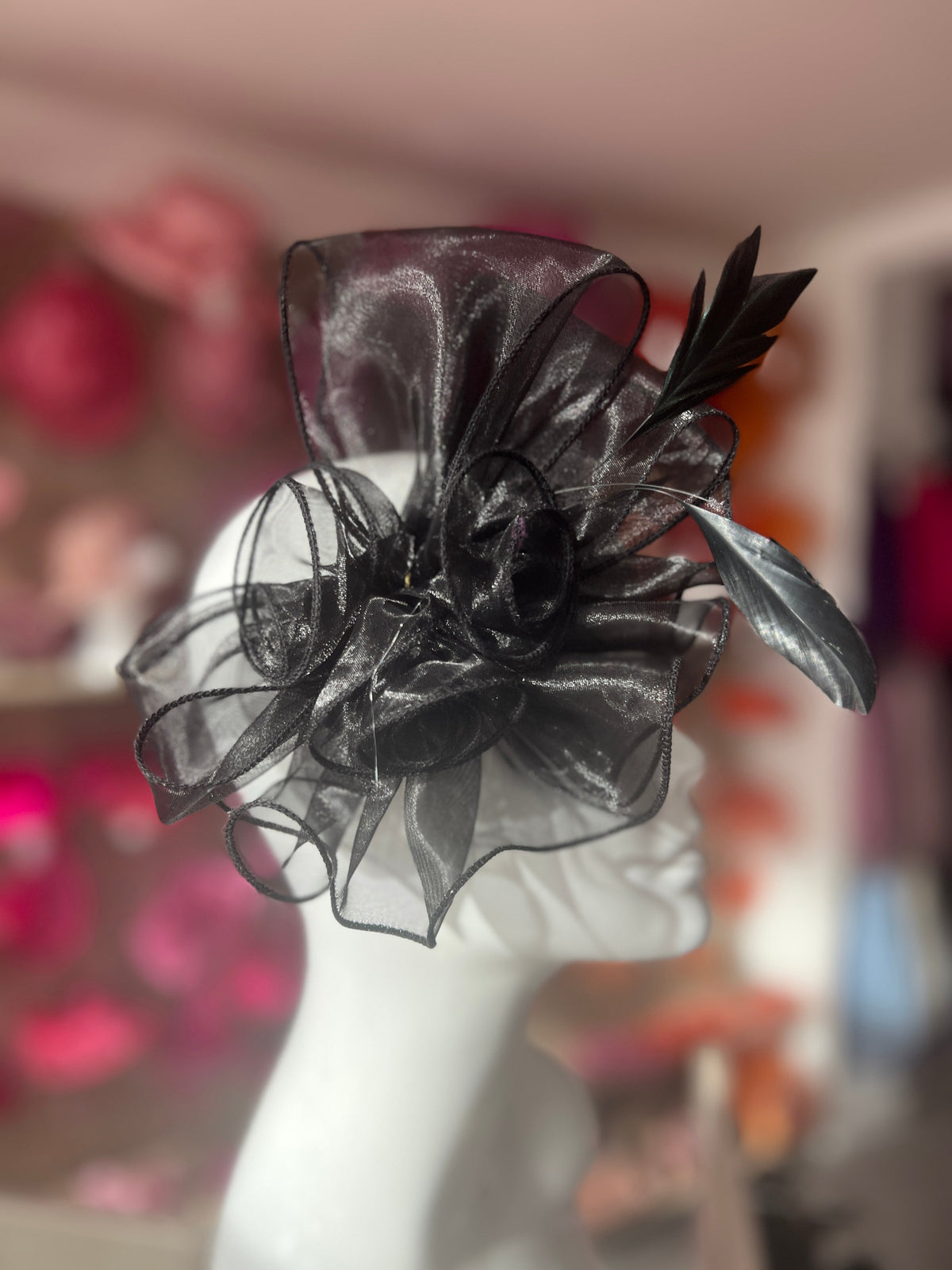 Pearlescent Black Chiffon Flower Fascinator With Feathers-Fascinators Direct