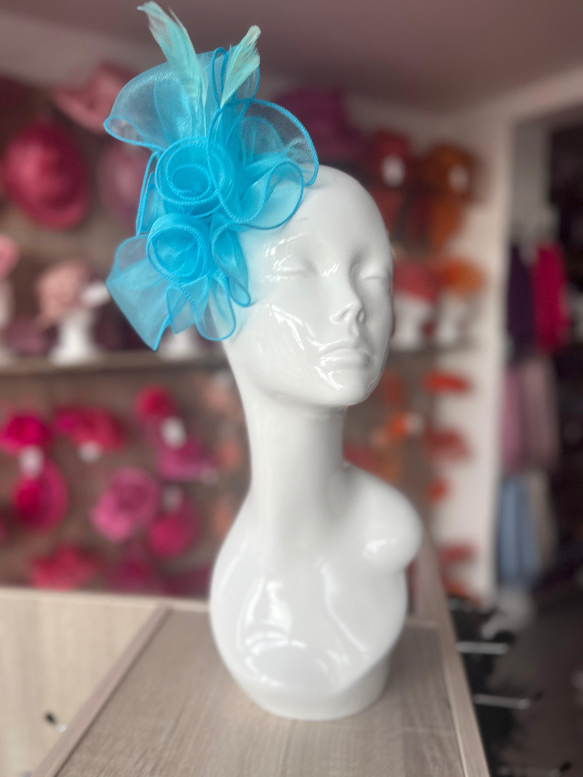 Pearlescent Blue Chiffon Flower Fascinator With Feathers-Fascinators Direct