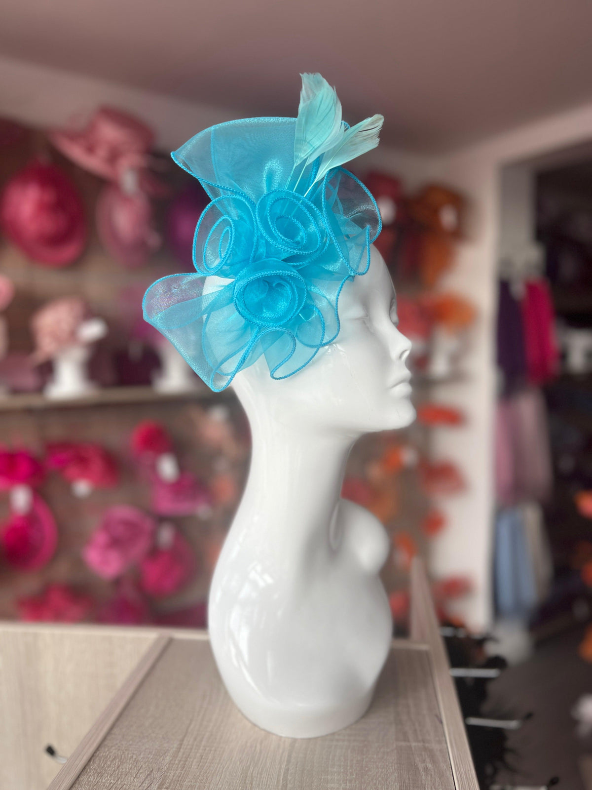 Pearlescent Blue Chiffon Flower Fascinator With Feathers-Fascinators Direct