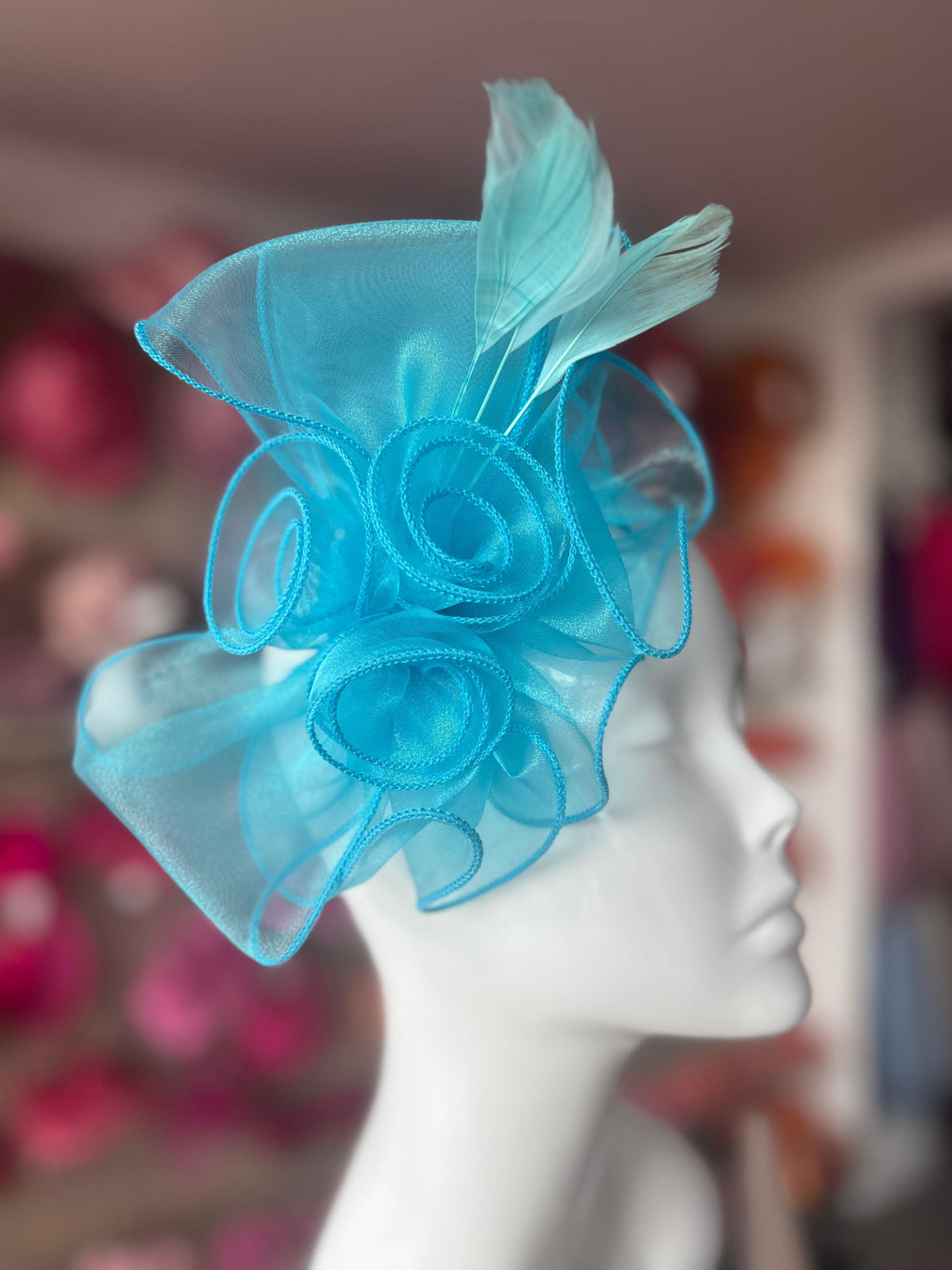 Pearlescent Blue Chiffon Flower Fascinator With Feathers-Fascinators Direct